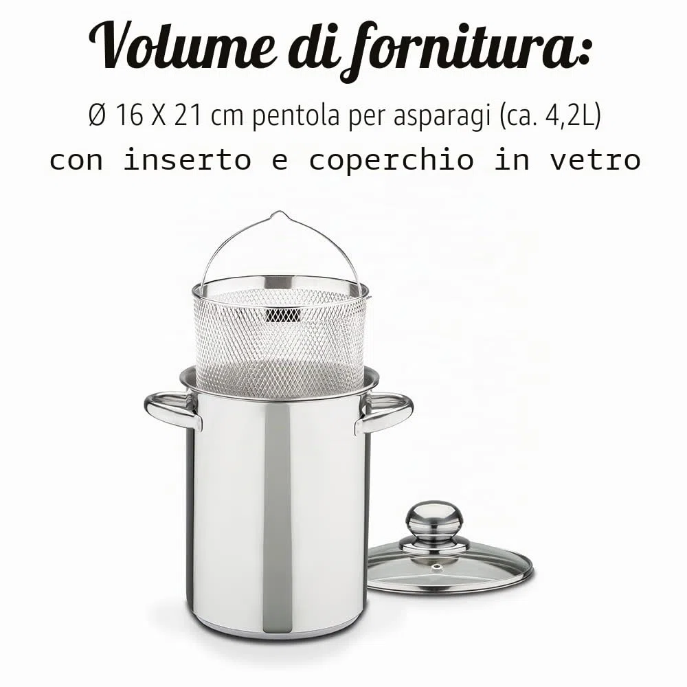 GSW 643160 pentola per asparagi con inserto e coperchio in vetro, Acciaio Inossidabile, Argento, 16 cm