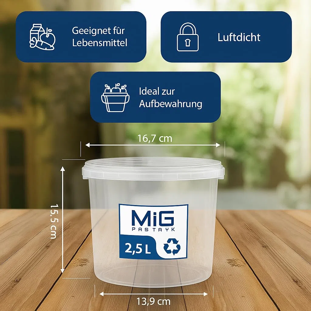 MIG Secchio trasparente con coperchio, 2,5 l, 5 x 2,5 l, ermetico e per uso alimentare, secchio in plastica con coperchio, piccolo secchio impilabile per casa e industria, secchio ideale con coperchio
