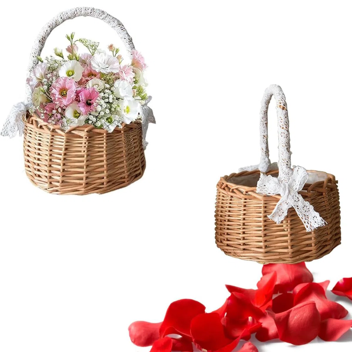 Cestino per Damigelle d’onore Intrecciato a Mano 2 Pezzi Cestino per Fiori Intrecciato Cesto di Vimini per Fiori in Rattan cestino per Damigella Cestini in Vimini con Manico per la Tavola