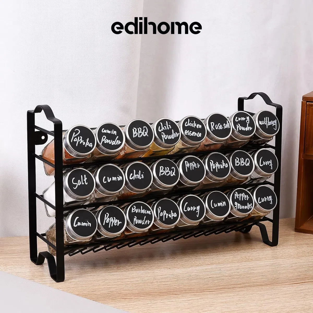 edihome, Porta Spezie per Cucina, 24 Barattoli di Spezie, Organizer con Struttura in Metallo a 3 Livelli, con Etichette, con Coperchi e Dispenser Individuali (Modello 2)