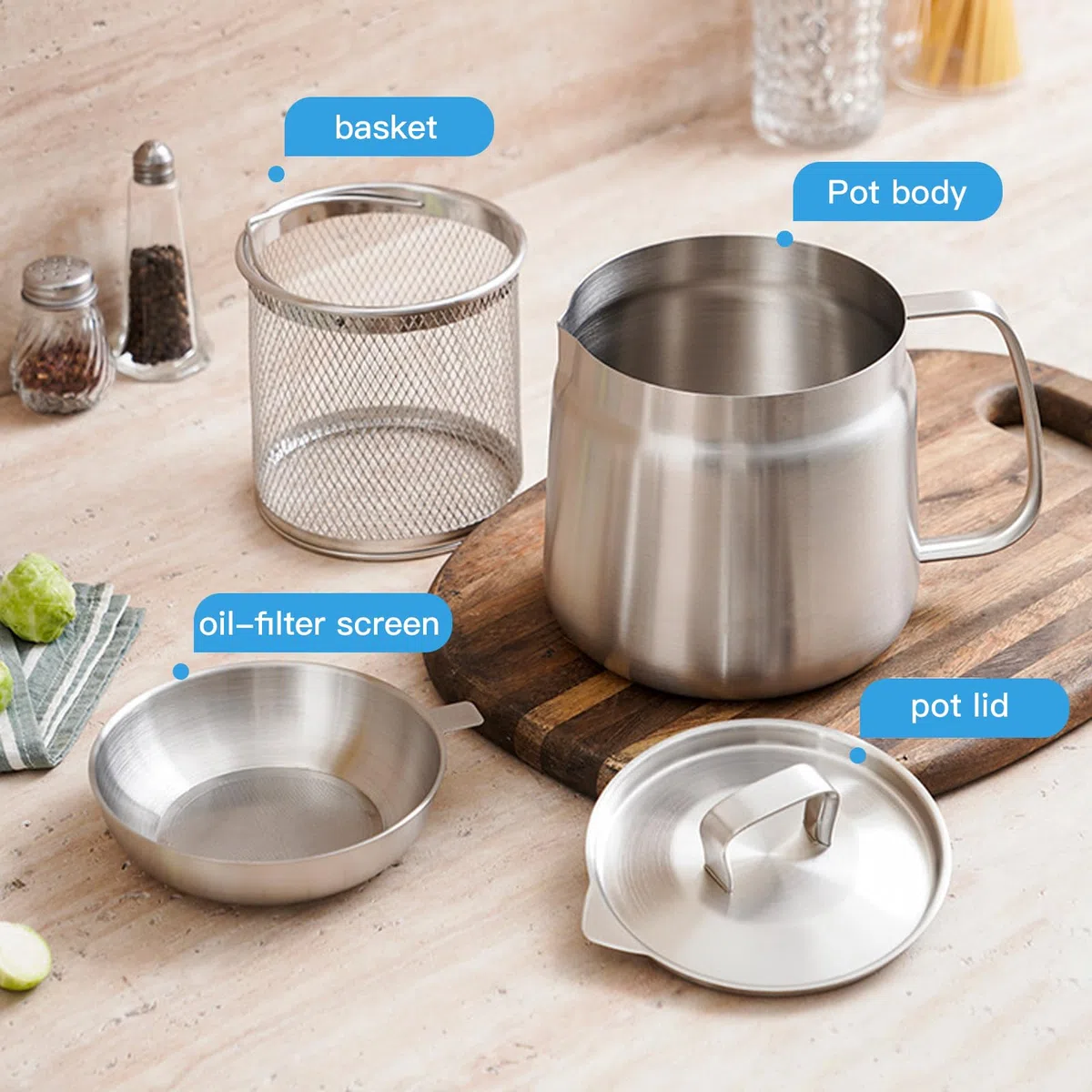 Pentola per friggere 1,5 l, con colino in acciaio inox, contenitore per grasso, cestino per friggere con coperchio antipolvere, contenitore per olio per conservare arrosto e grasso da