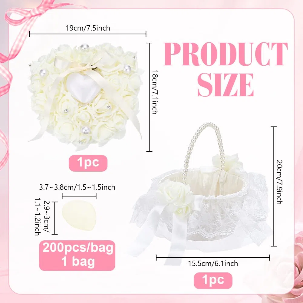 PH PandaHall 1 Set Cesto per Damigelle da Sposa Cesto Nuziale di Perle con Petali Artificiali Cuscino Espositore per Anelli Accessori per Decorazioni Nuziali per Matrimoni