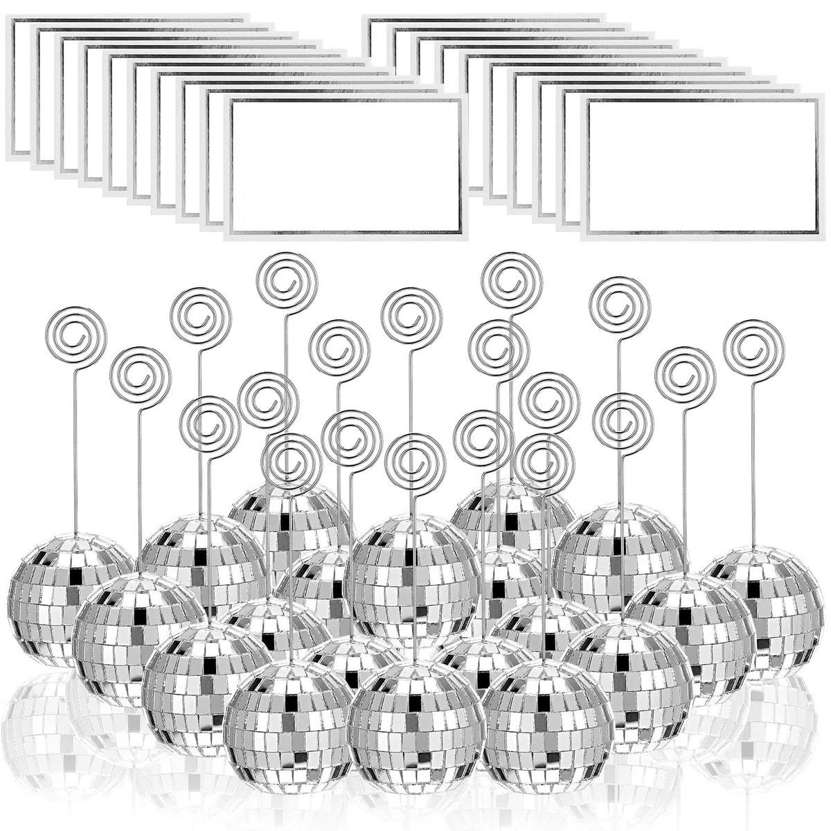 60 segnaposto argentati a forma di palla da discoteca, con filo a spirale, segnaposto per foto, centrotavola da discoteca, decorazione per menù, matrimoni, feste di compleanno, 5 cm