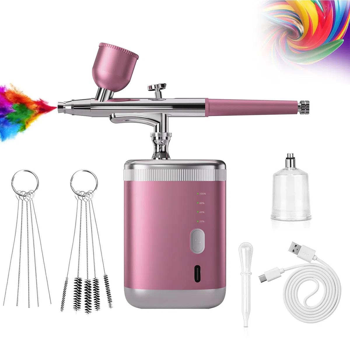 Kit Aerografo Senza Fili Rosa - Pistola a Spruzzo Portatile，Aerografo elettrico ricaricabile con ugello 0,3/0,5mm, 3 pressioni regolabili per nail art, modellismo, decorazione torte