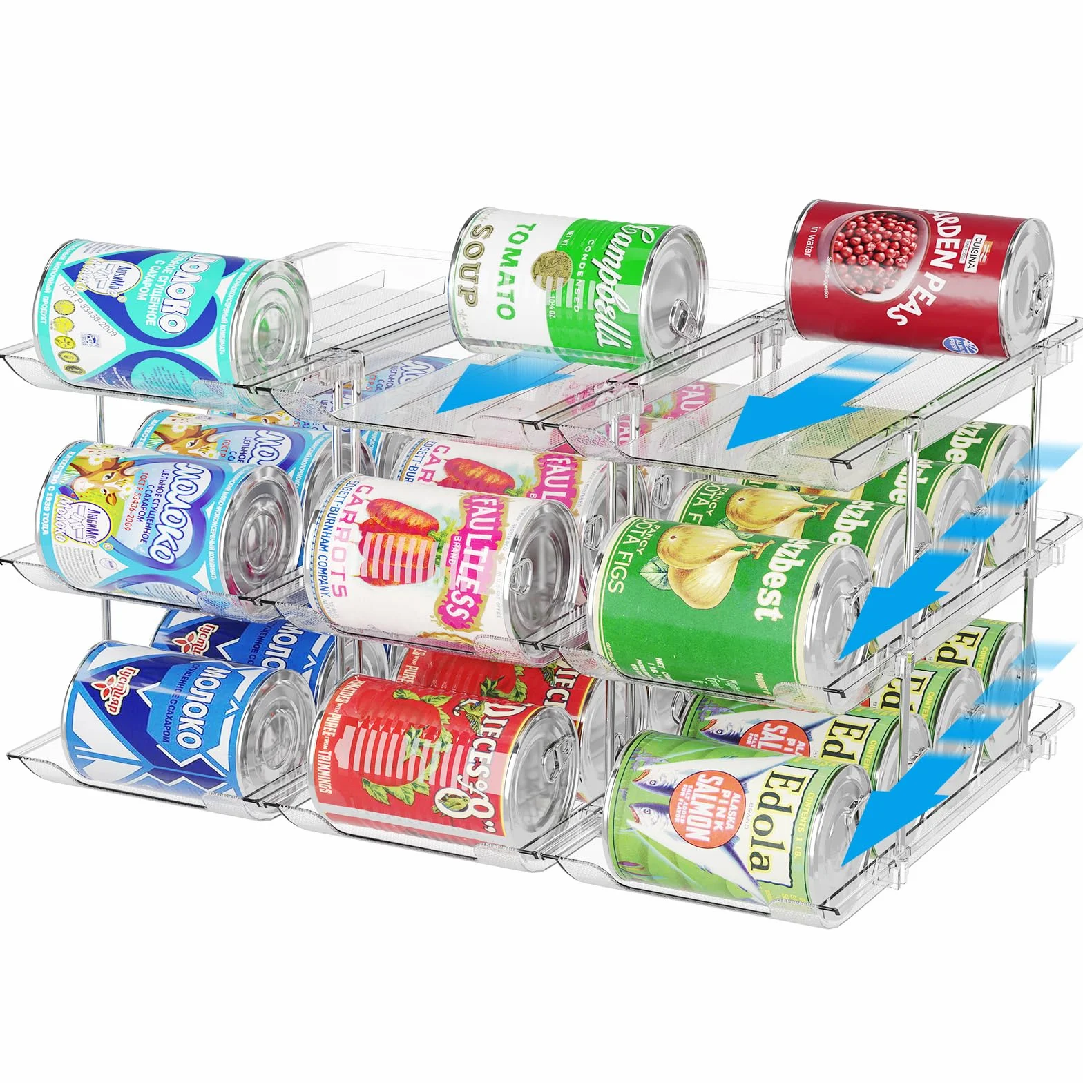 Organizer per lattine per dispensa Organizzatore impilabile a 3 ripiani Organizzatore per bibite da dispensa per frigorifero, 36 scomparti, con ruote automatiche, trasparente