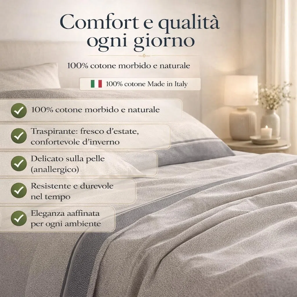 Set Lenzuola Made in Italy, Completo Letto Matrimoniale - 100% Cotone Lenzuolo Sopra 250x290 cm, Lenzuolo Sotto con Angoli 180x200x25 cm e 2 Federe 52x82 cm - per Tutte le stagioni (Tortora)
