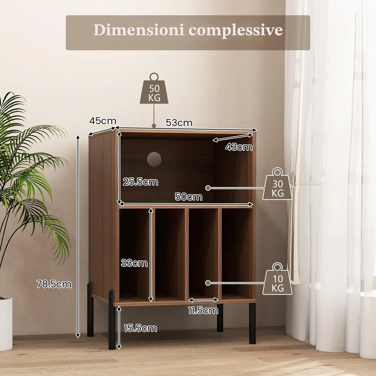 KOMFOTTEU Supporto per Giradischi in Vinil con Stazione di Ricarica, Porta Dischi Vinile Vintege con 5 Scomparti Aperti, Espositore per Dischi Fino a 145 Album per Soggiorno, 53x45x78,5cm (Noce)