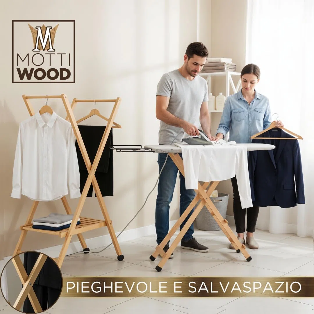 Mottiwood STIRA & APPENDI, Carrello Appendiabiti, Pieghevole e Salvaspazio, 100% Legno Faggio, Stendino, Ruote Multi direzionali, 62,49x122hcm, Omino Appendiabiti, Made in Italy