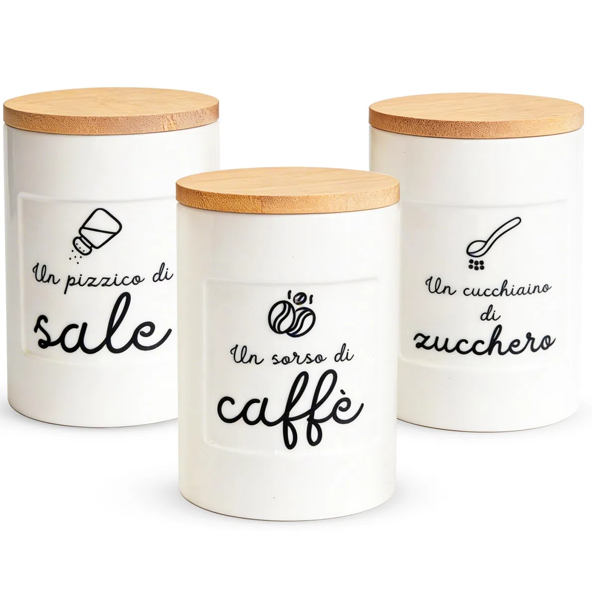 WELCOMAT, Set Barattoli Ceramica Sale Zucchero Caffè - 11cm / 600 ml - Idee Regalo Cucina, Barattolo con Chiusura Ermetica, Descrizione Simpatica, Contenitori, Vetro e Legno, Porta spezie