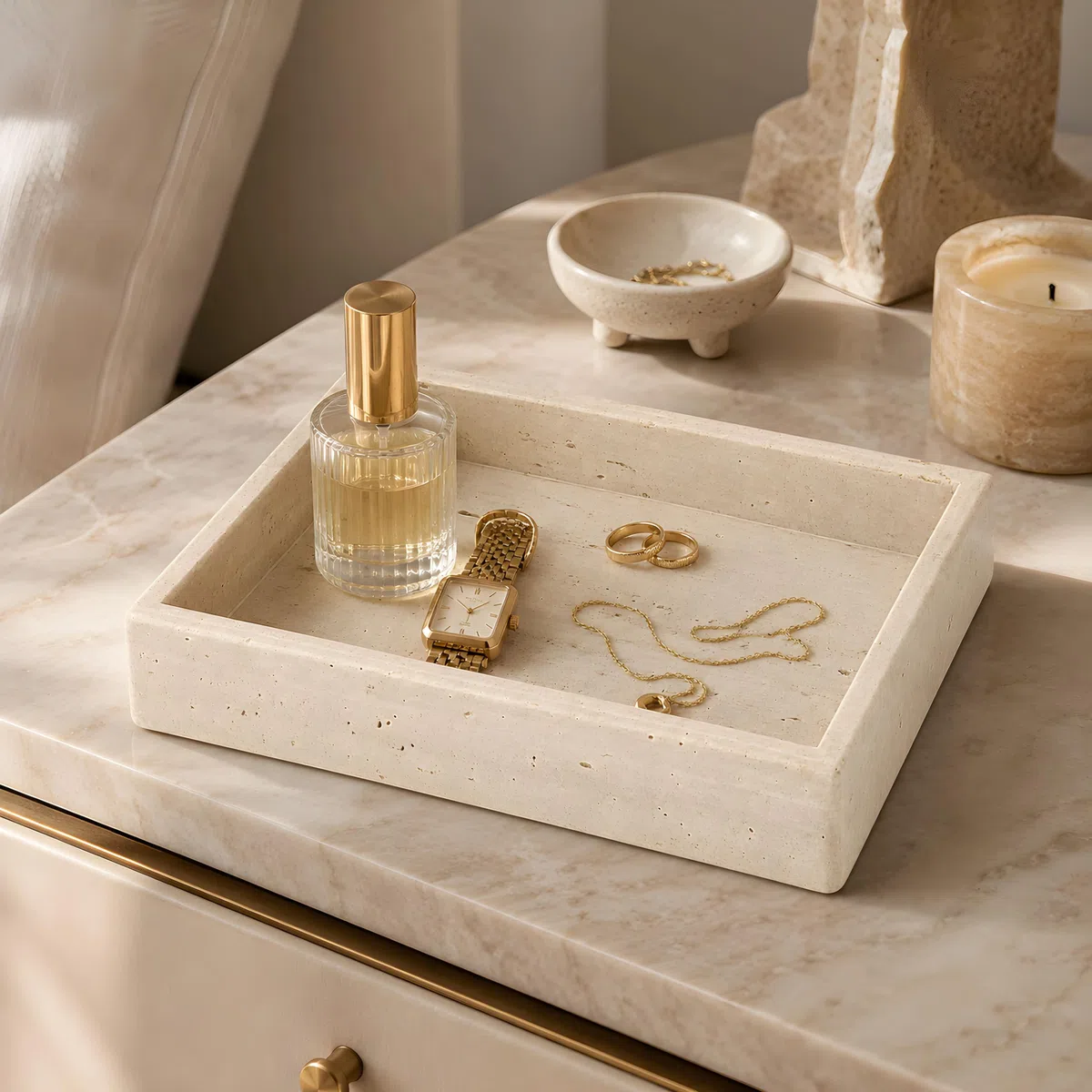 Vassoio in Travertino Naturale Kalu Creations - Vassoio Bagno Portaoggetti Decorativo, Porta Profumi e Candele - Organizer Bagno Pietra - Made in Italy - 20 x 15 cm