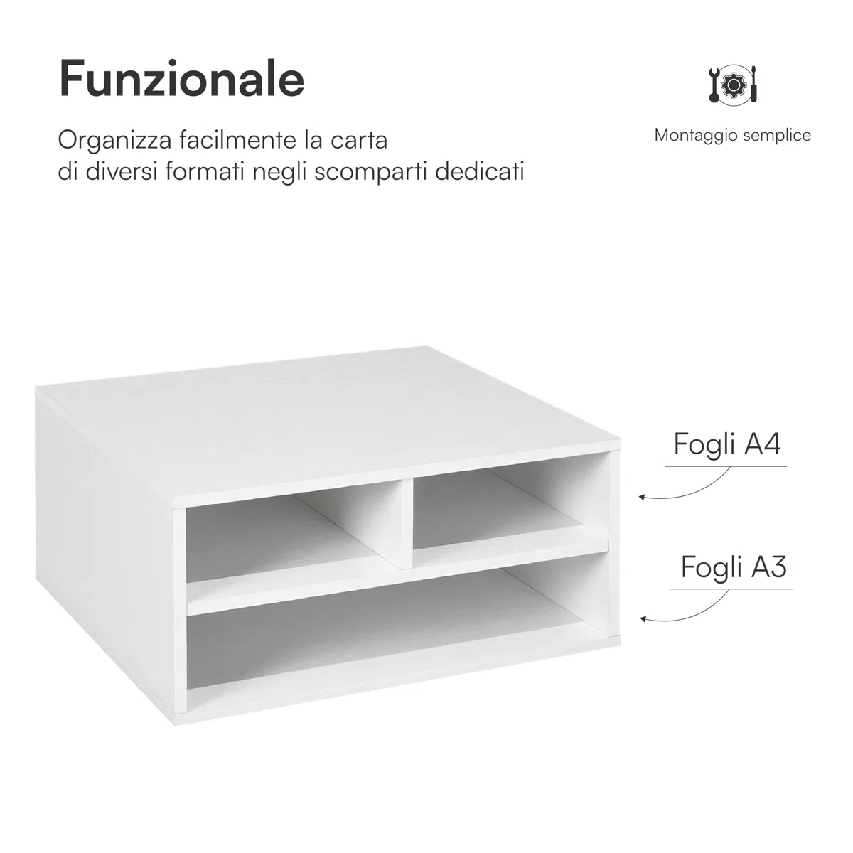 Baroni Home Supporto per Stampante con 3 Scomparti, Organizer per Carta A4 e A3 per Scrivania e Ufficio, Struttura in MDF Resistente, Facile da Montare, 37x47x21 cm, Bianco