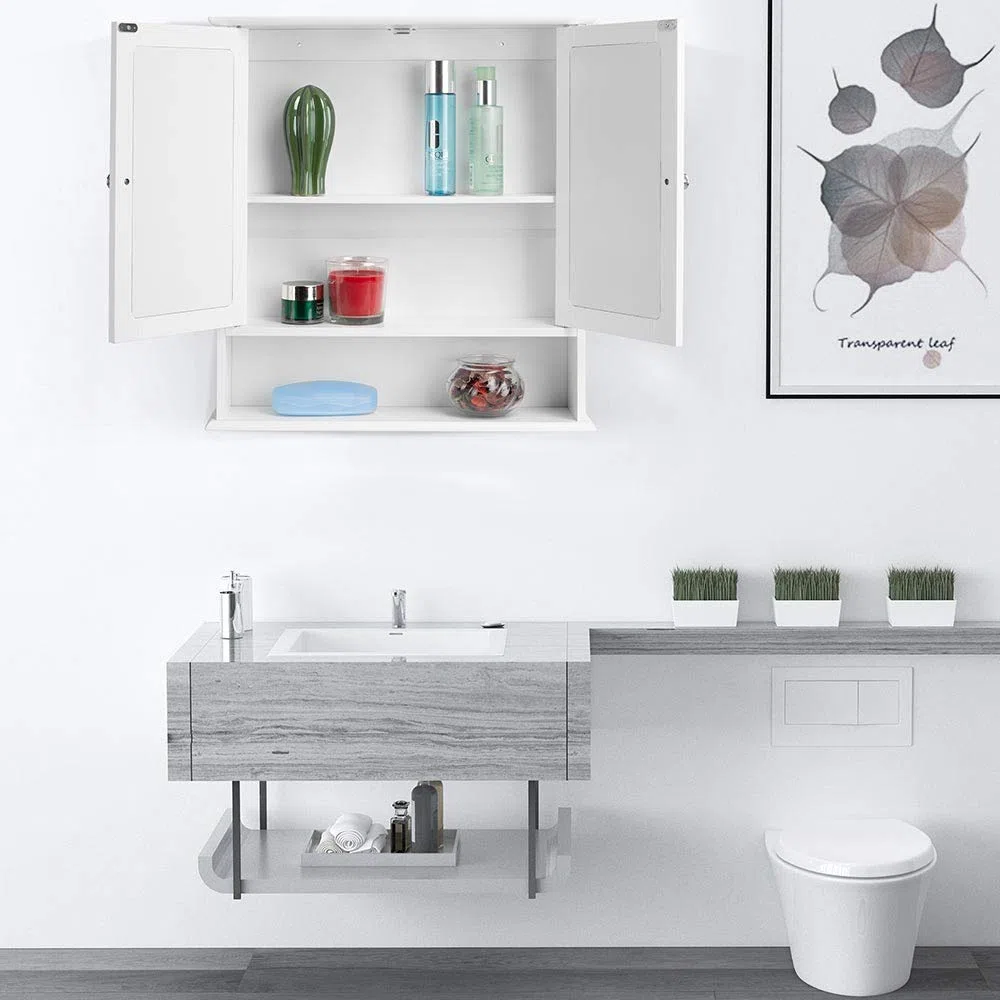 BAKAJI Mobiletto Specchiera Bagno Armadietto a Muro 3 Ripiani in Legno MDF Doppia Anta a Specchio con Apertura Centrale Dimensione 56 x 13 x 58 cm (Bianco Specchio)
