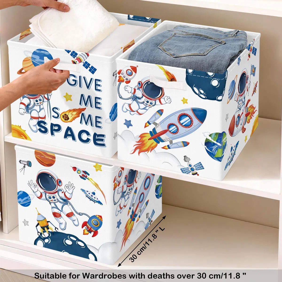 30cm Set di 3 Scatole Portaoggetti Spazio Cosmico Contenitore Porta Giochi Ragazzo Pieghevole Astronauta Cubi Portaoggetti per Libreria Kallax Salotto, Bianco