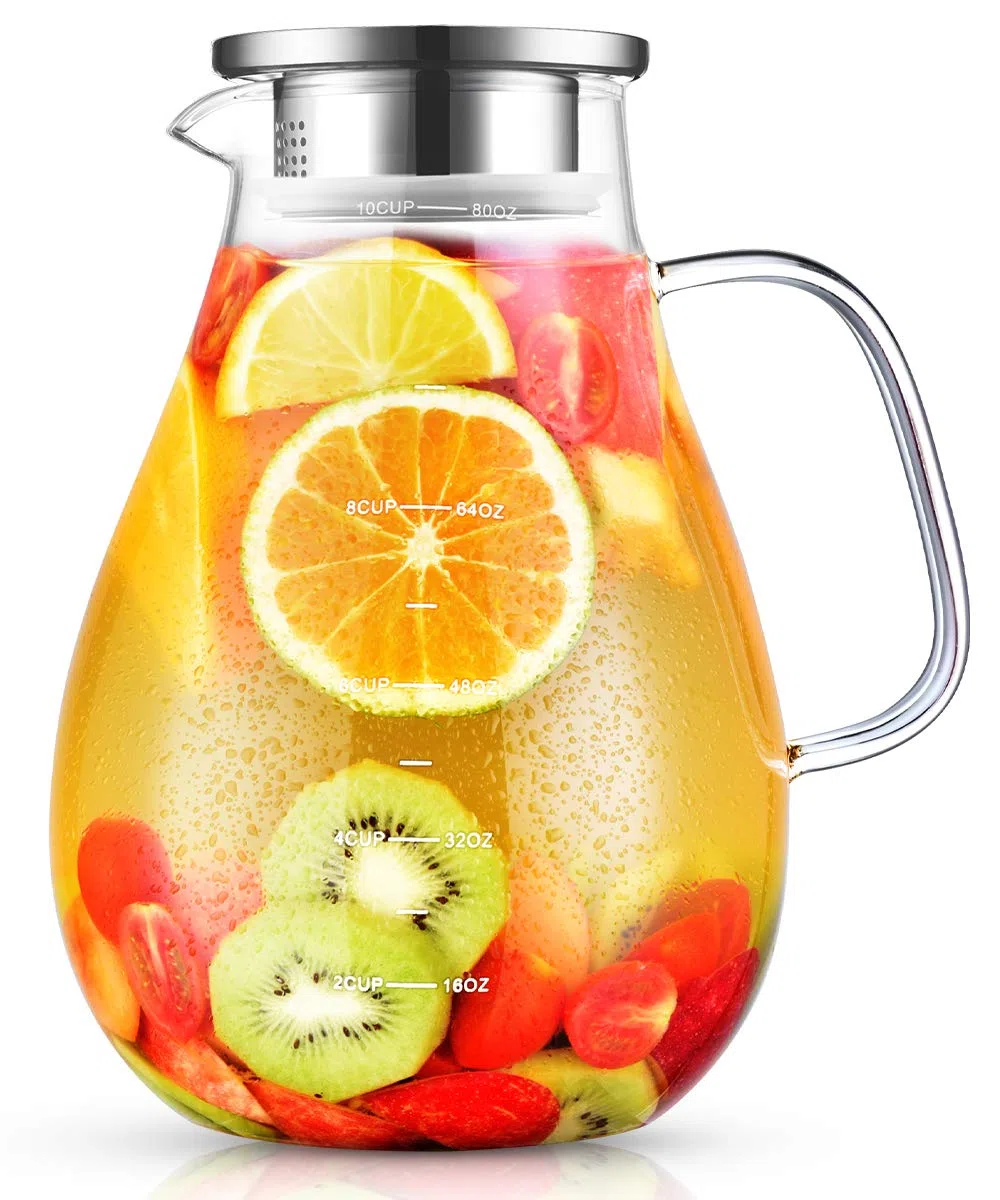 Caraffa Vetro Borosilicato, Brocca 2,4 Litri con Coperchio,per Acqua con Pennello, per Latte, Succhi, Tè Freddo