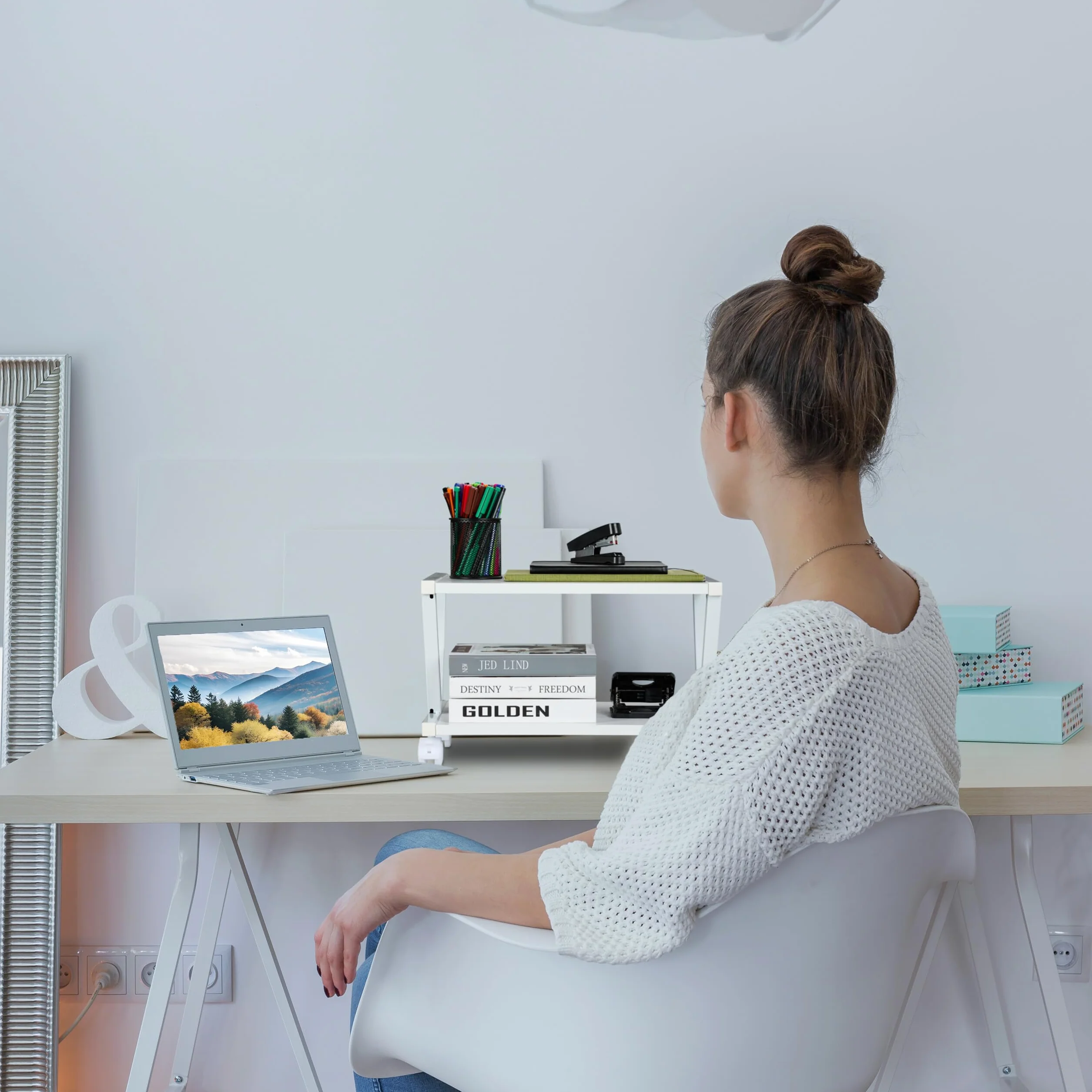 Relaxdays Porta Stampante da Scrivania, Supporto Organizer 2 Ripiani su Ruote, Portadocumenti, HLP 28x44x28,5 cm, Bianco