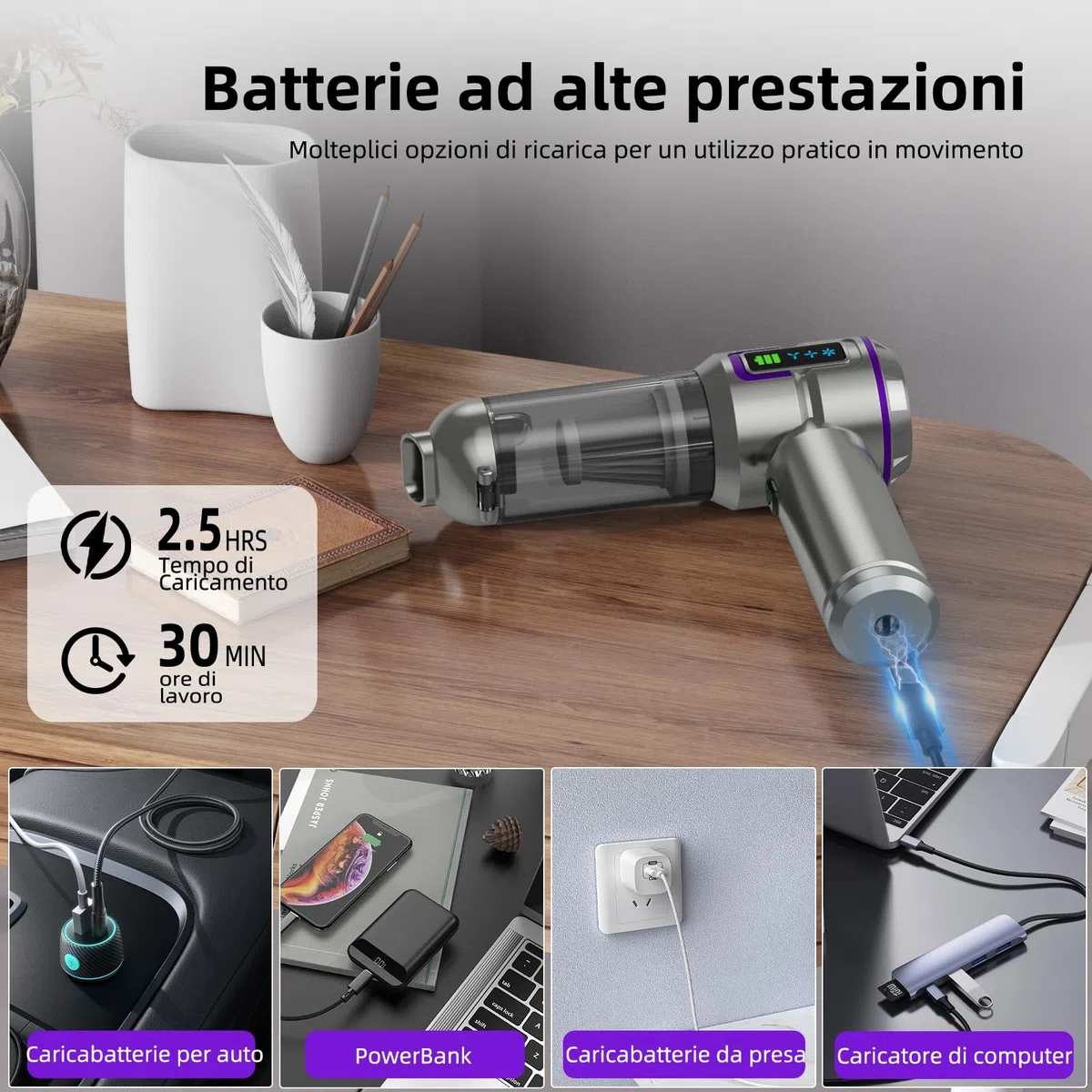 Aspirabriciole Senza Fili, 25000Pa 4-in-1 Aspirapolvere Auto Cordless con Schermo, One-Touch Dust Dump con 3 Velocità Motore Brushless, Mini Aspirapolvere per Casa, Ufficio, Auto, Capelli, Argento