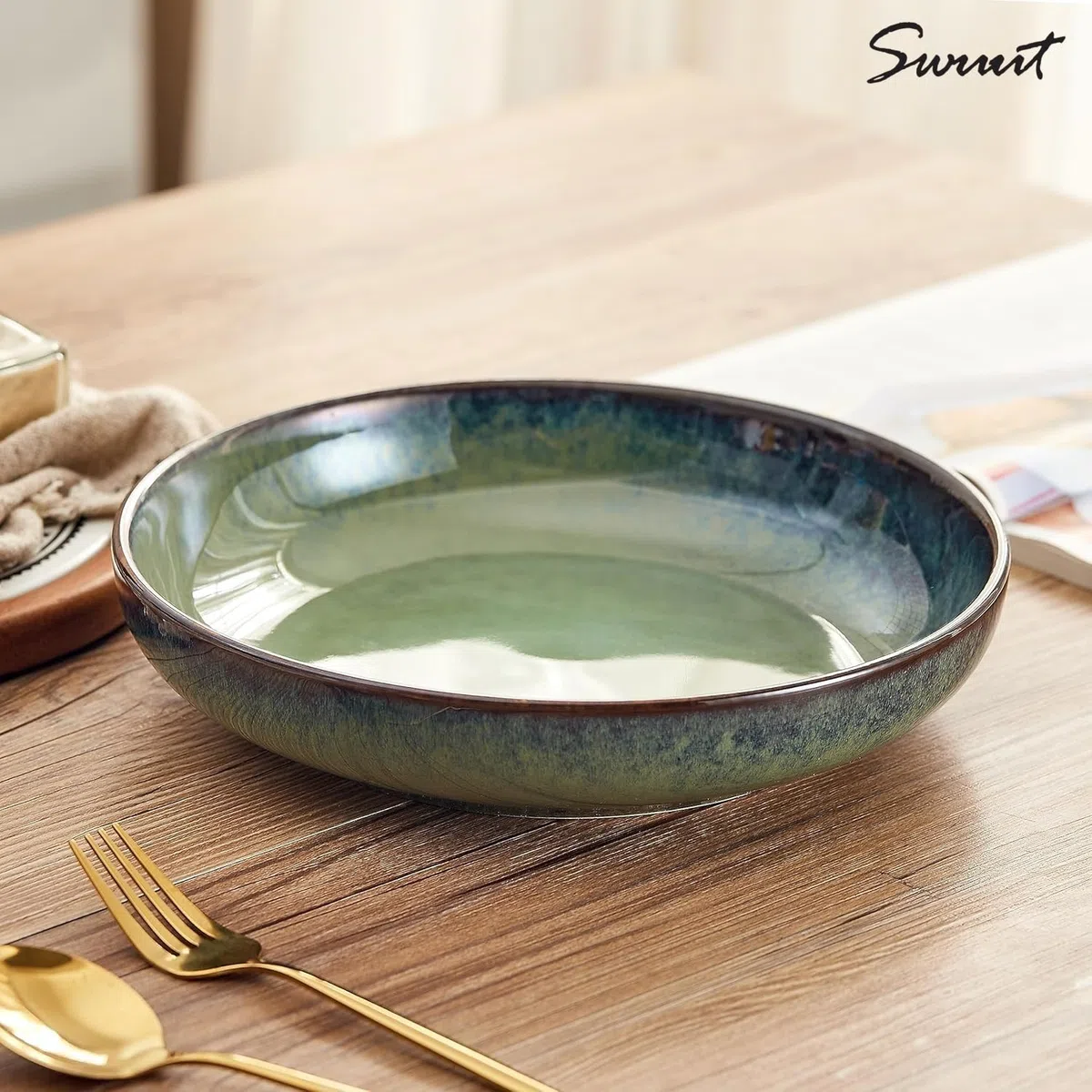 Transmutation Glaze - Ciotola per pasta in ceramica, larga 25,4 cm, grande ciotola per frutta, per cucina, forno a microonde, lavabile in lavastoviglie (verde)