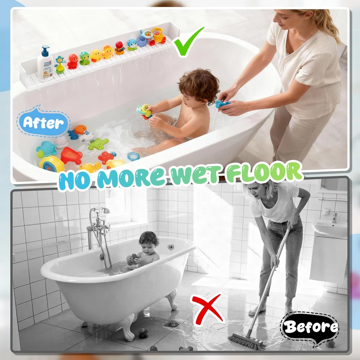 Dreamtop Paraspruzzi per vasca da bagno, mensola da gioco per vasca da bagno, vassoio per giocattoli per vasca, paraspruzzi in silicone previene fuoriuscite d'acqua in bagno (bianco)