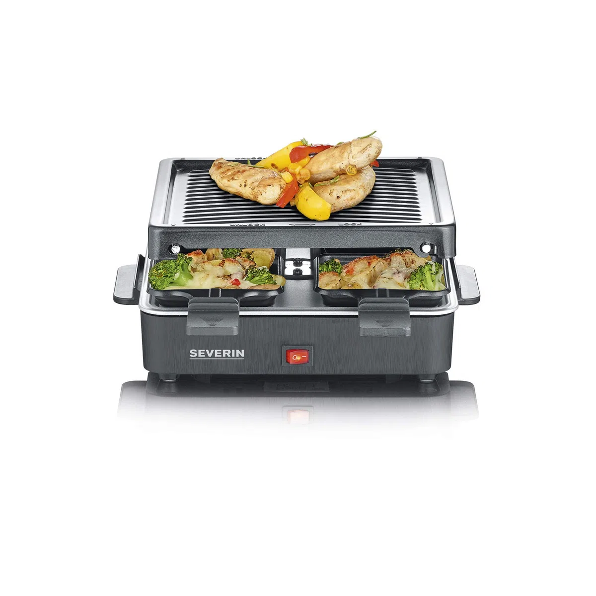 SEVERIN Mini Raclette Grill, 600W, 4 Padelline Antiaderenti, Piastra Antiaderente Scanalata (21x21 cm), Interruttore On/Off, 26,0 x 40,0 x 12,2 cm, Nero - RG 2370