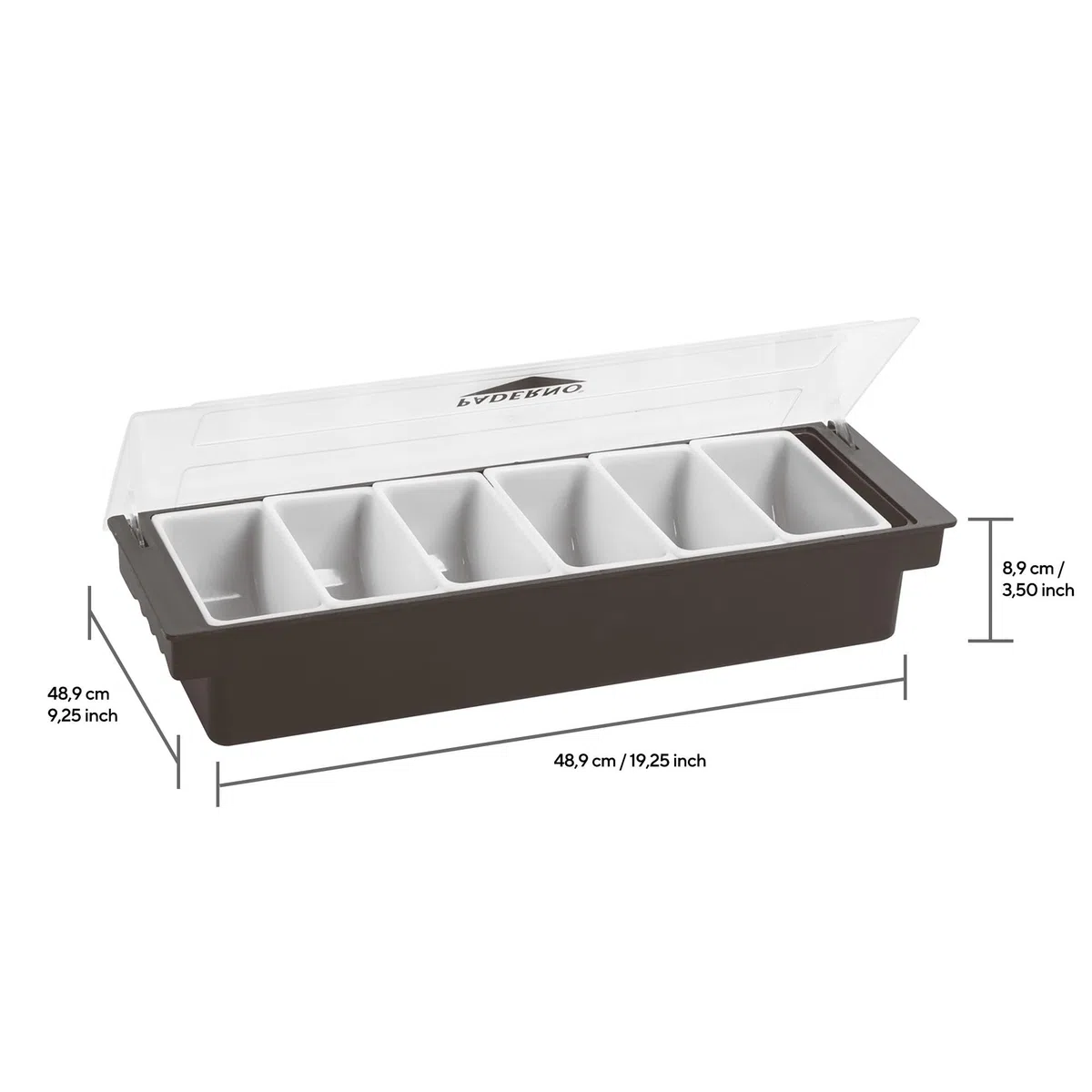 Paderno 44103-06 Contenitore 6 Scomparti, Portacondimenti 6 Vaschette ideale per Insalata e Condimenti, Lavabile in lavastoviglie, Dimensioni: 49x15 cm, ABS