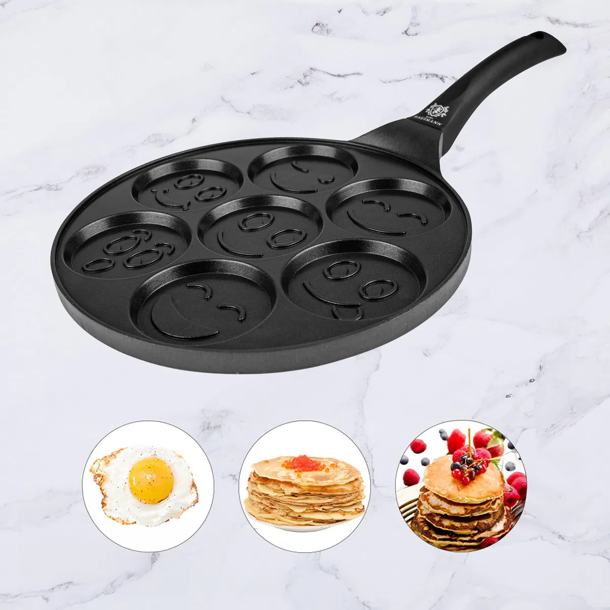 KARL HAUSMANN Padella Pancake Induzione - 26 cm - 7 x Stampo Maker - Antiaderente Pentola Pancakes - Bambini con Motivo Smiley - Padella per Uova Occhio di Bue - Padelle in Alluminio - Pentole Pancake