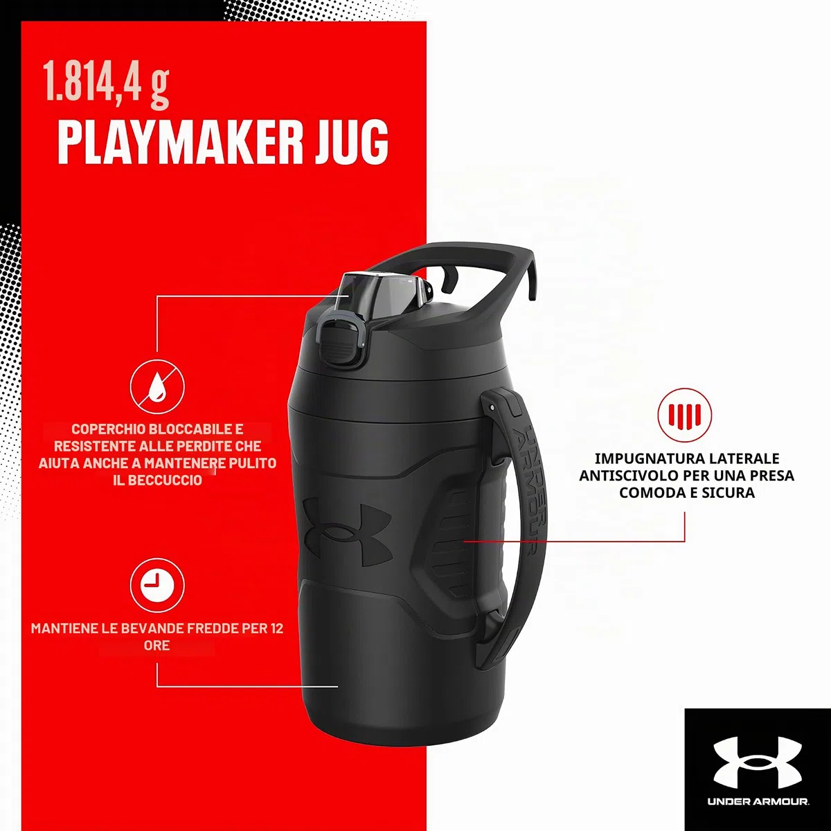 Under Armour Playmaker - Borraccia per Acqua, 1,8 l, 907,2 g, Baseball, Calcio, Palestra, Calcio | con maniglia