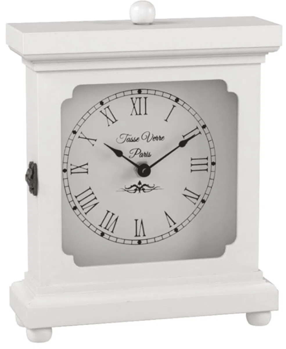 Tasse Verre, orologio bianco, da mensola o scrivania, 22,9 x 17,8 cm, in legno, meccanico, silenzioso, da ufficio, camera da letto, caminetto, soggiorno. Funzionamento a batteria AA non digitale