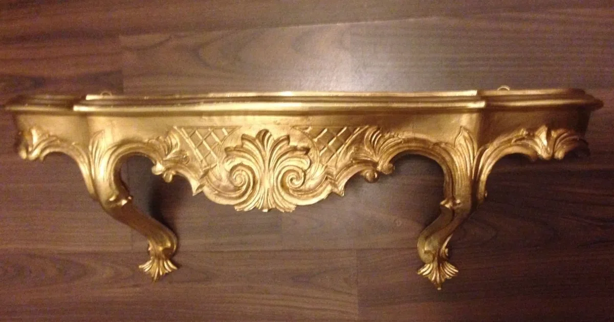 Mensola da parete anticata, stile barocco, 49 x 13 x 21 cm, ripiano a specchio Cp51 (oro)
