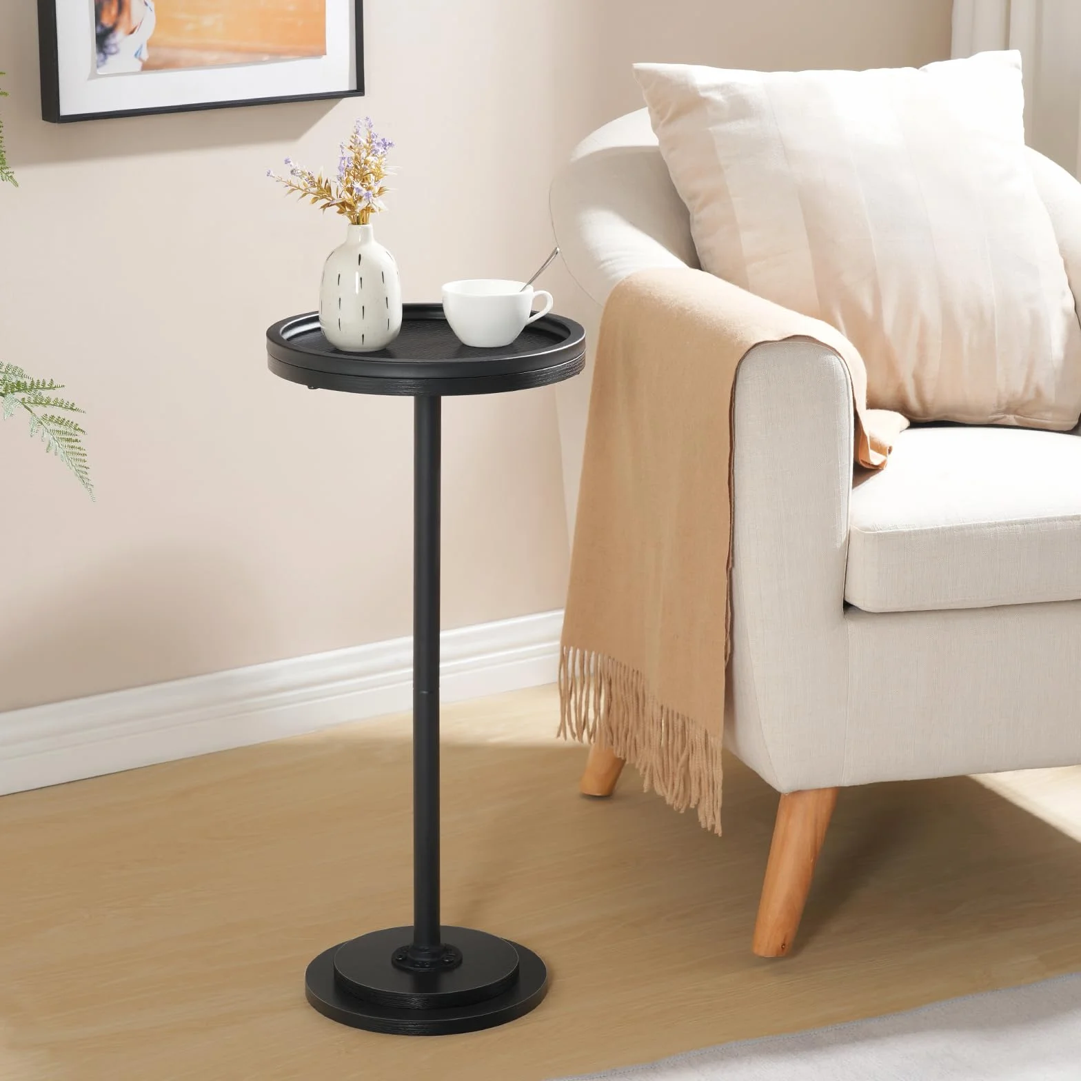 HOOBRO Tavolino, Tavolo per Bevande, Tavolino Rotondo per Spazi Ridotti, Tavolo Martini, per Soggiorno, Camera da Letto, Base per Divano Letto, Nero EBB168BZ01