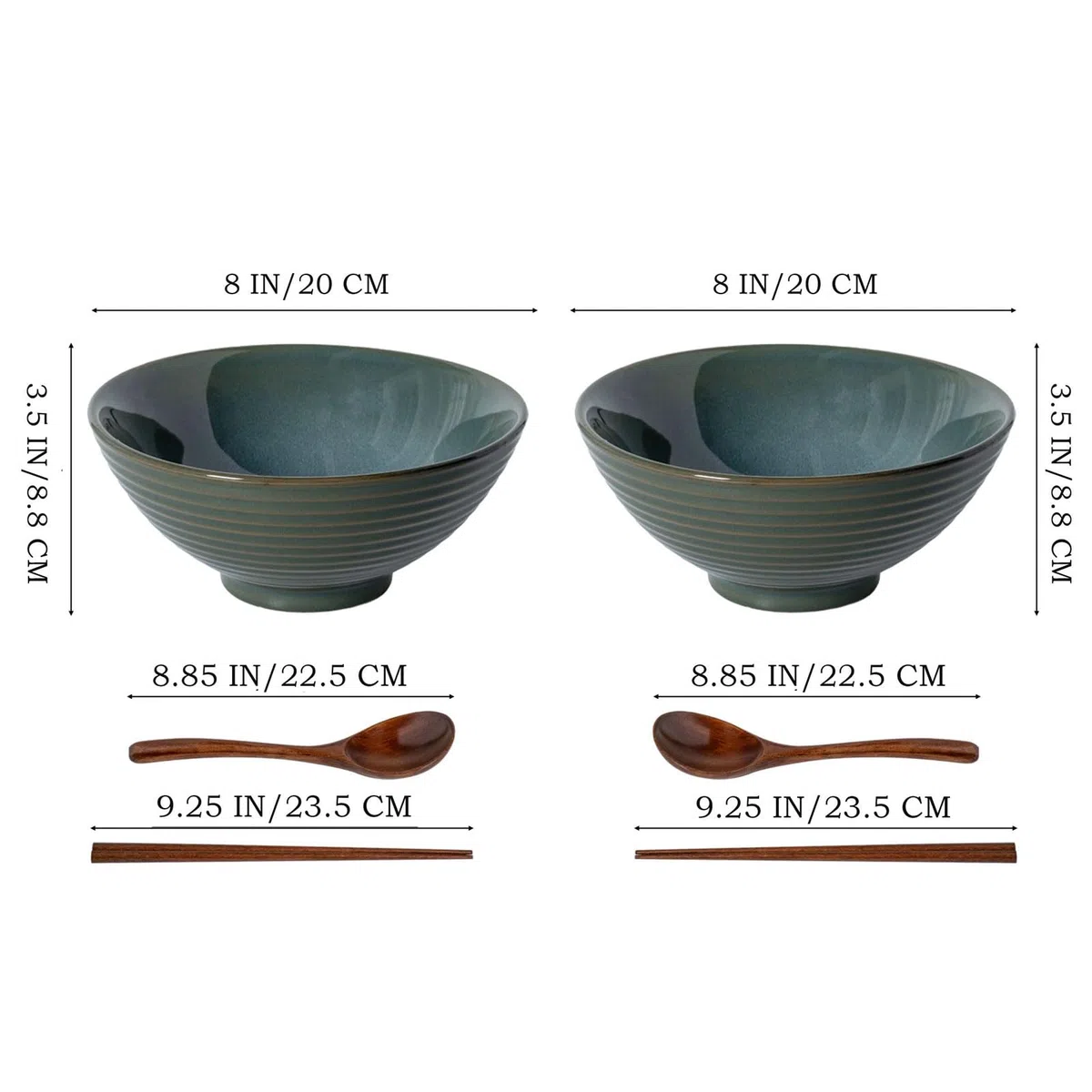 2 ciotole per ramen, in ceramica, 1200 ml, 20 cm, con spoon e chopsticks per Ramen Soup Pho Udon Asian Noodles, Large Noodle Bowls (smalto verde 2 set)