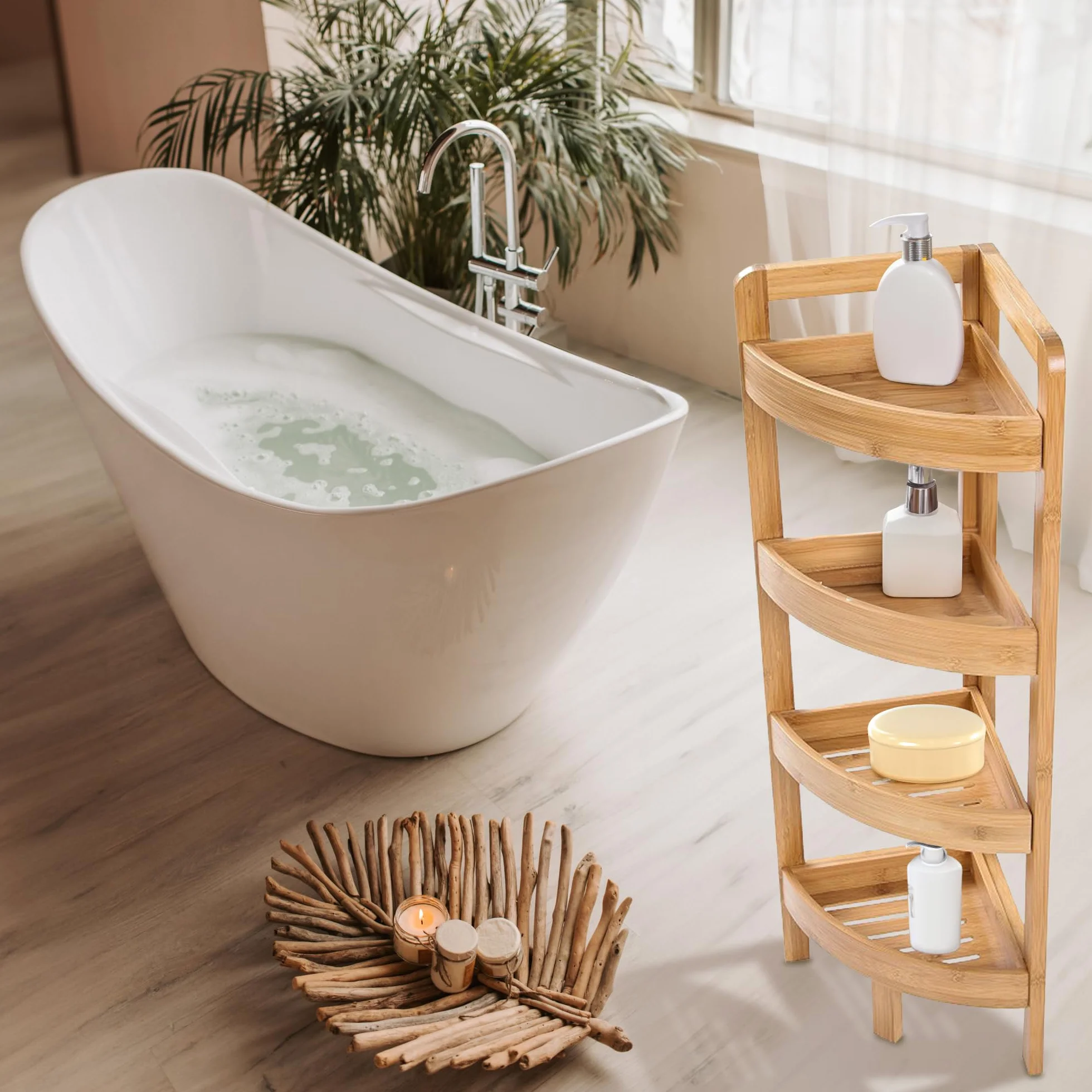 Scaffale da bagno in bambù con 4 ripiani, altezza 80 cm