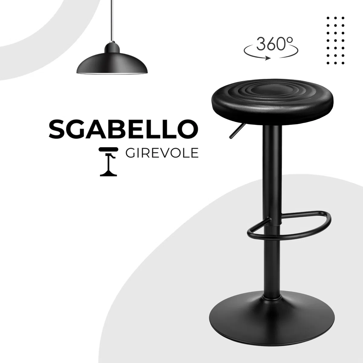 Baroni Home Sgabello Girevole Senza Schienale, Altezza Regolabile, in Ecopelle e Acciaio, Per Sala da Pranzo, Cucina, Bar, Leggero e Montaggio Facile, 39x36x55-76 cm, Nero, 1 Pezzo