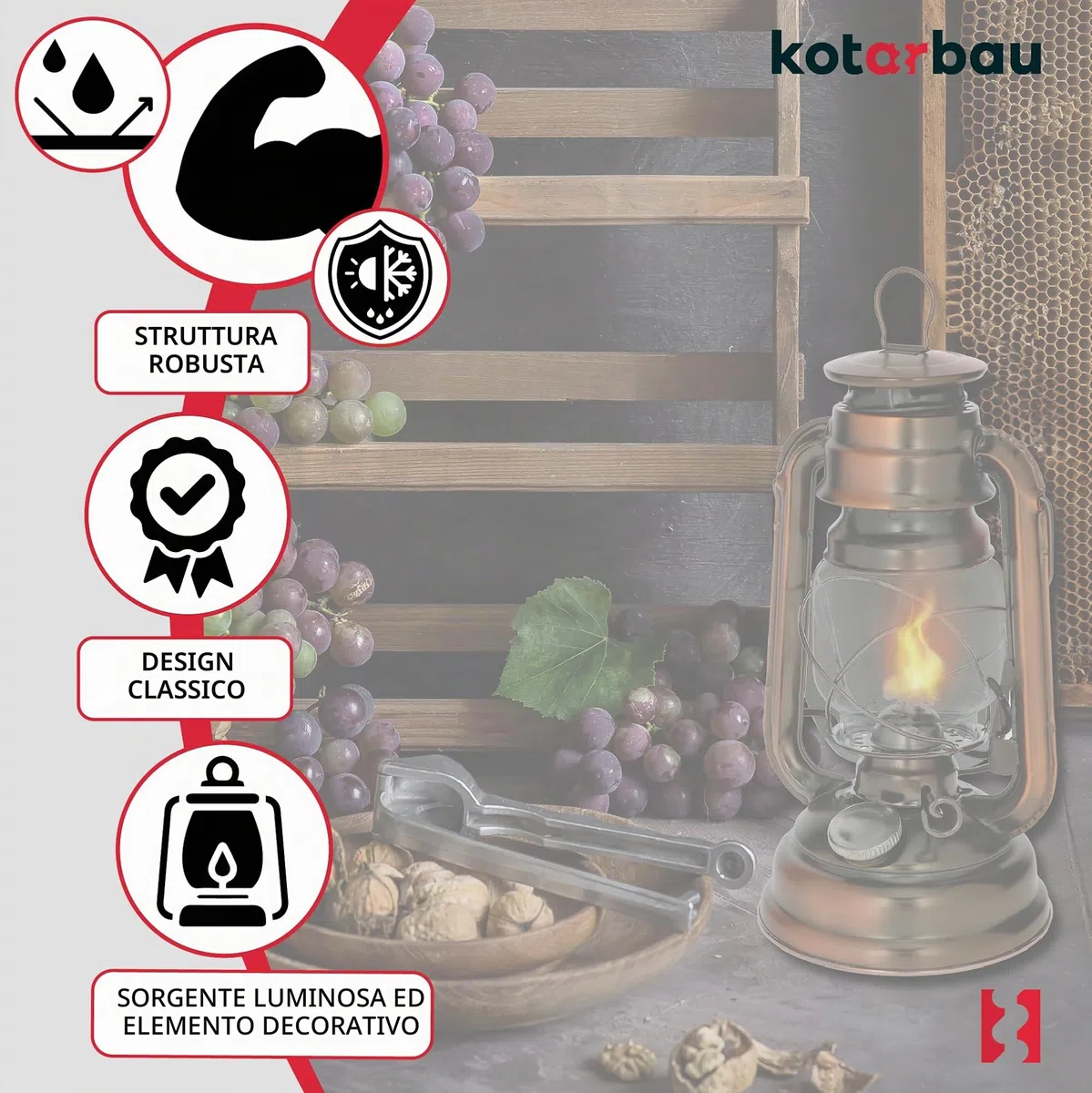 KOTARBAU Lampada a olio con porta stoppino, lampada a petrolio, ricaricabile, antica, lanterna resistente, bulbo in vetro, lampada da tavolo, lanterna, lampada da giardino, bronzo, da terra o sospesa