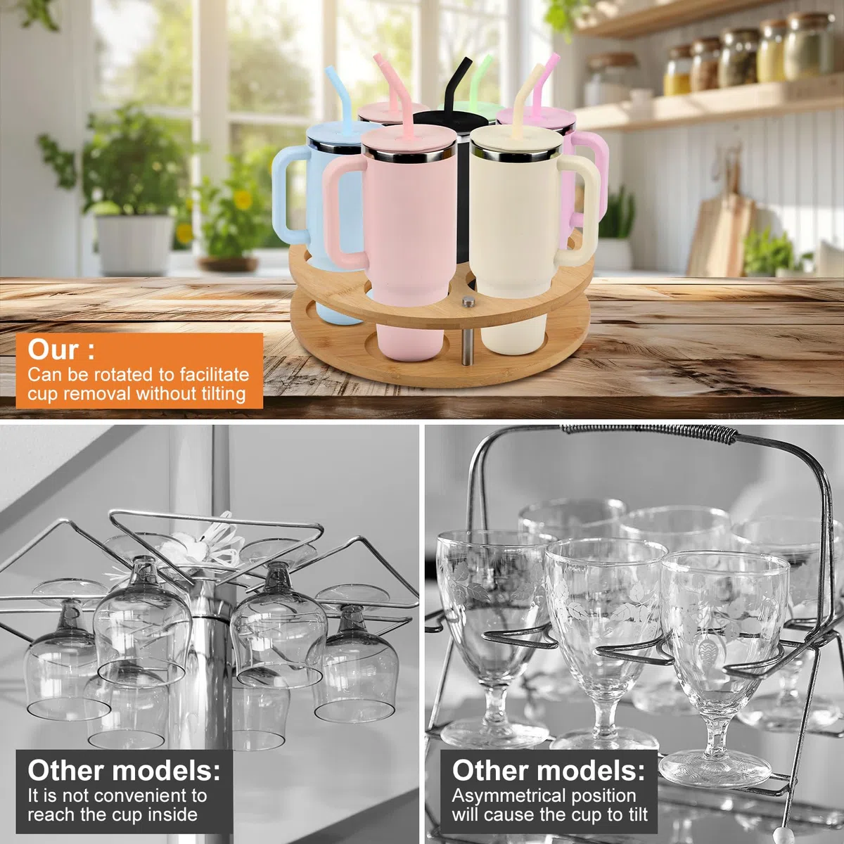 Organizzatore per Bottiglie d'Acqua, Organizer per Tazze in Legno Girevole per Stanley Cup Contenitore per Tazze per 7 Bottiglie con Design a Scanalatura Porta Tazze Stabile per Stanley
