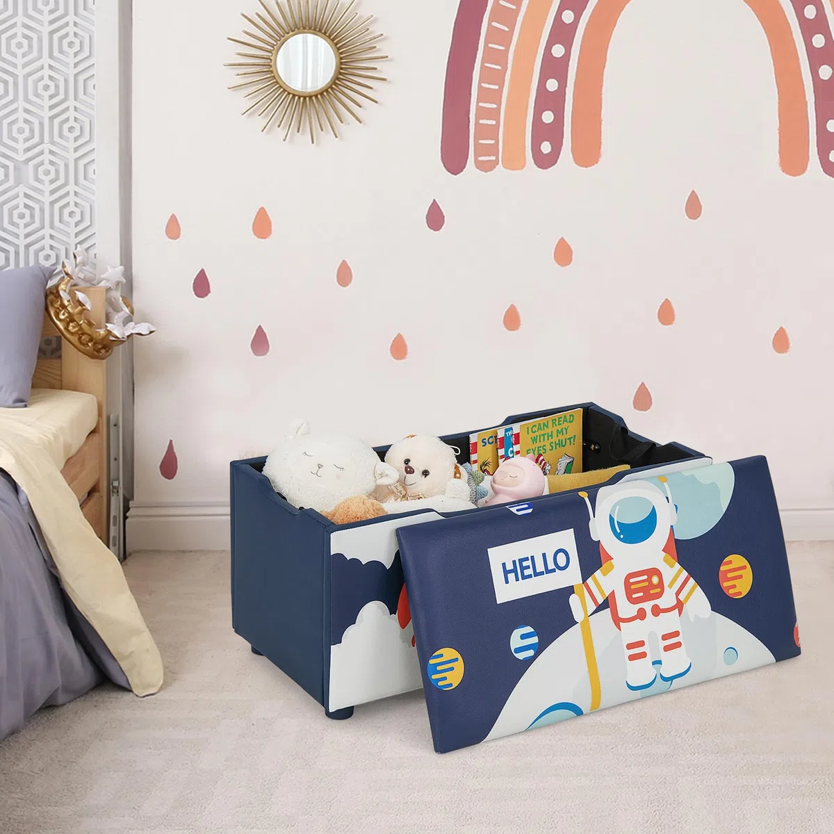 GYMAX Cassapanca per Bambini 2 in 1, Carico 150 kg, con Coperchio Rimovibile, Panca Portaoggetti con Fessure Antipizzicamento, Cinghia di Trazione e Struttura Stabile 75x36x38 CM (Blu e Bianco)