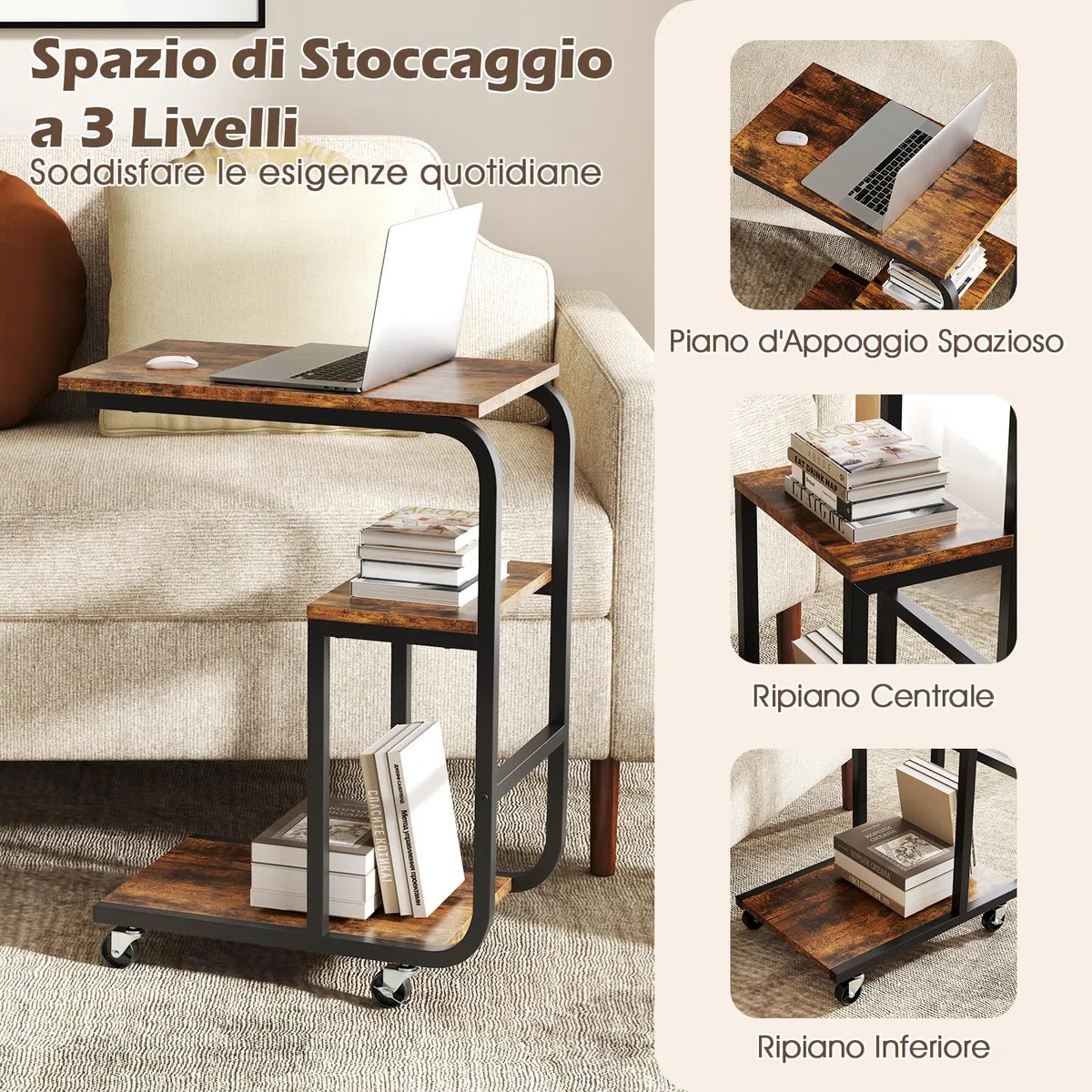 COSTWAY Tavolino Laterale a Forma di C, Tavolino da Salotto con Ruote Bloccabili, Ripiani Aperti e Struttura in Metallo, Tavolino Salvaspazio per Camera da Letto e Soggiorno (1)