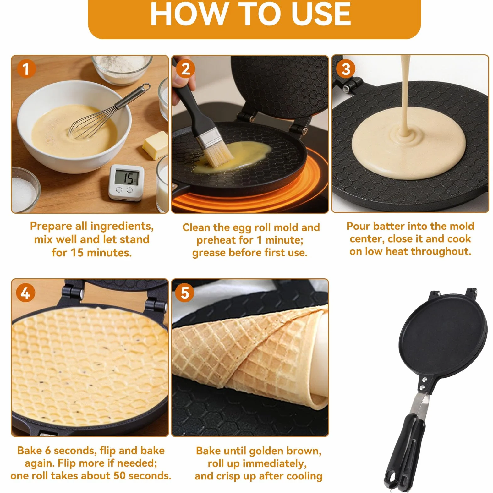 HERCHR Waffle Cone Maker, Macchina per Coni Gelato Piastra, Teglia Antiaderente a Gas per Frittata di Coni Gelato alla Crepe Pizzelle, Diametro 6,7 Pollici, Cono Gelato Waffel Piastra Pan