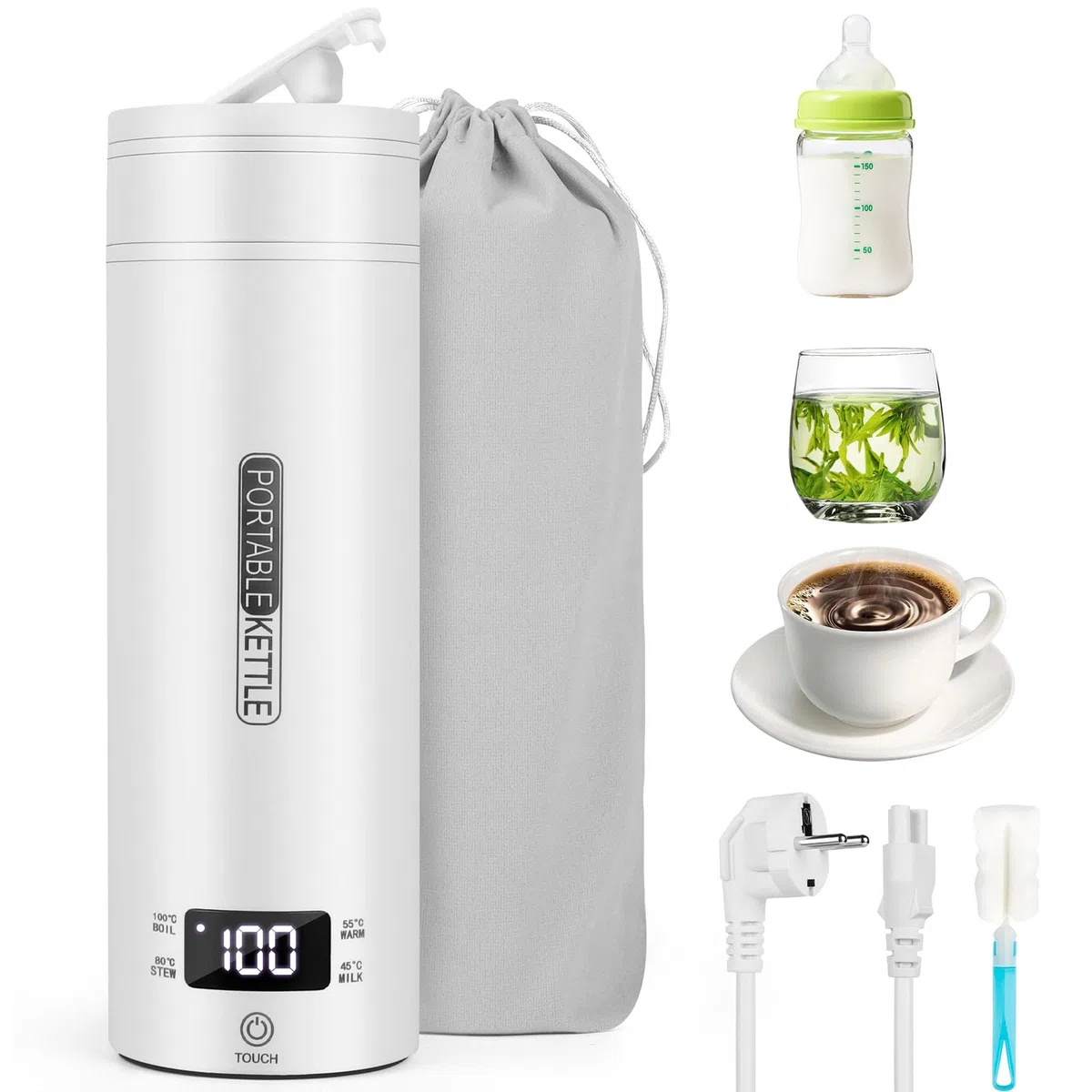 Bollitore Elettrico da Viaggio,450 ml Mini Bollitore Portatile,Tazza D'acqua in Acciaio Inox 316 con Regolazione Della Temperatura,Spegnimento Automatico per Latte per Bambini,Tè, Caffè,Campeggio