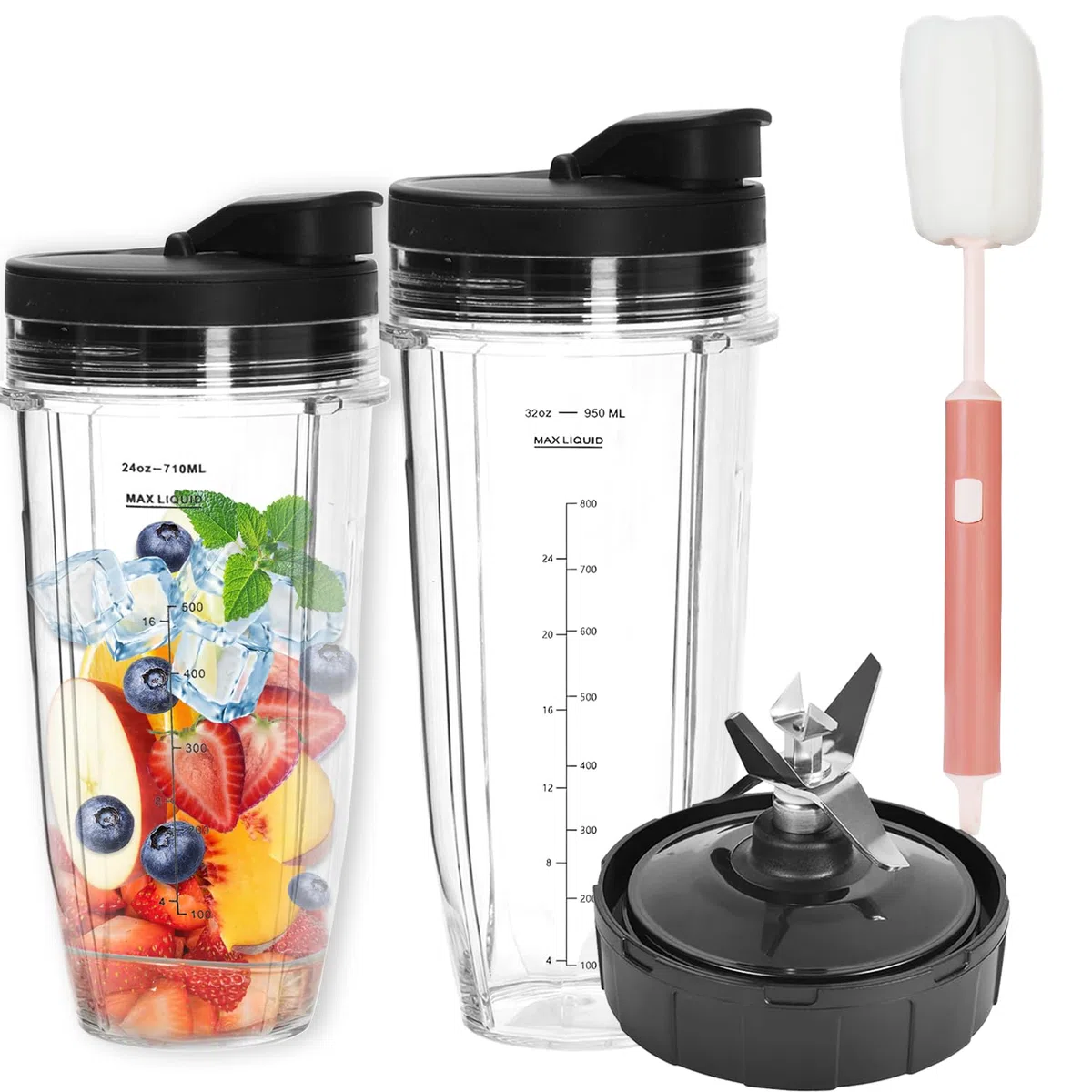 Tazze Frullatore con Lama Estraente 7 Pale per Nutri-2 Contenitori da 24oz (710ml) con Coperchi a Ribalta Portatili+Spazzola Pulizia Compatibile con BL480/BL490/BL640/BL682/NN102/BL2012/CT641