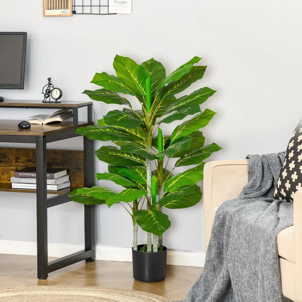 HOMCOM Pianta Artificiale da 33 Foglie per Interni ed Esterni con Vaso Ø15x13 cm, Pianta Finta Alta 95 cm in PEVA, PE e Cemento, per Interno, Ufficio, Soggiorno, Verde e Nero