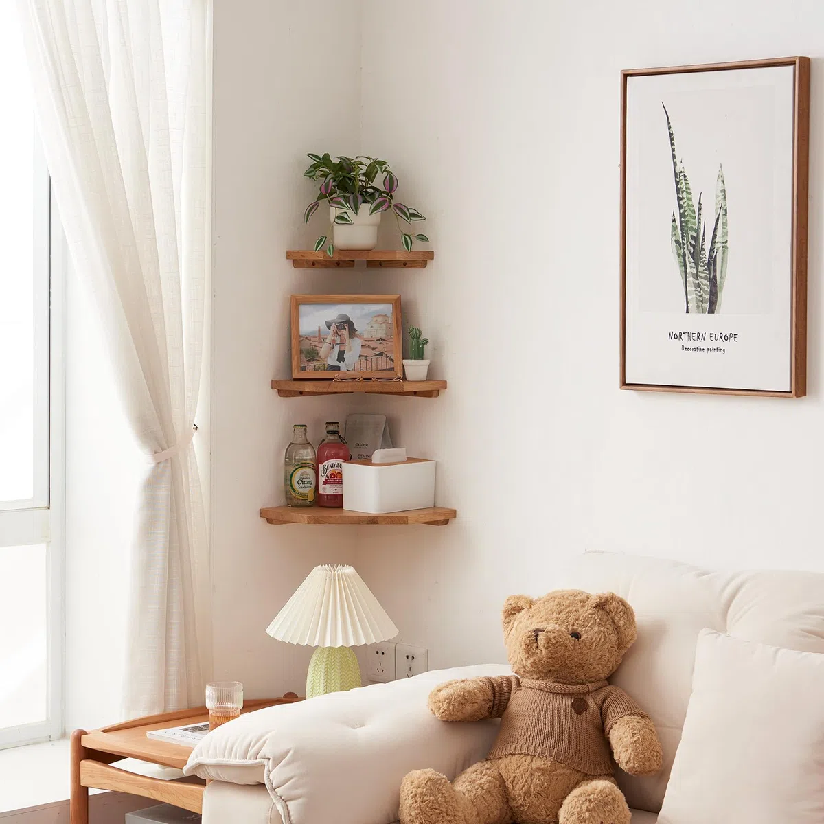 Mensola Angolare in Legno Massello, Quercia Angolare a Parete per Bagno, Cucina, Camera da Letto, Soggiorno Angolare in Legno da Appendere (22 cm)