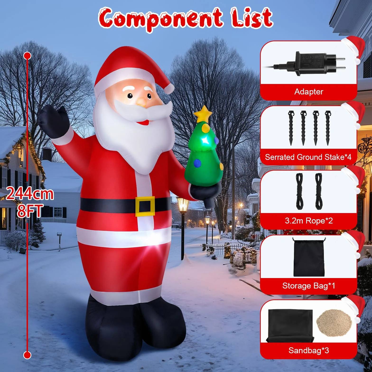 Babbo Natale Gonfiabile, 244cm Decorazione Natalizia con Luci LED, Modello di Santa Claus con Kit Fissaggio, da Esterno Impermeabile IP44