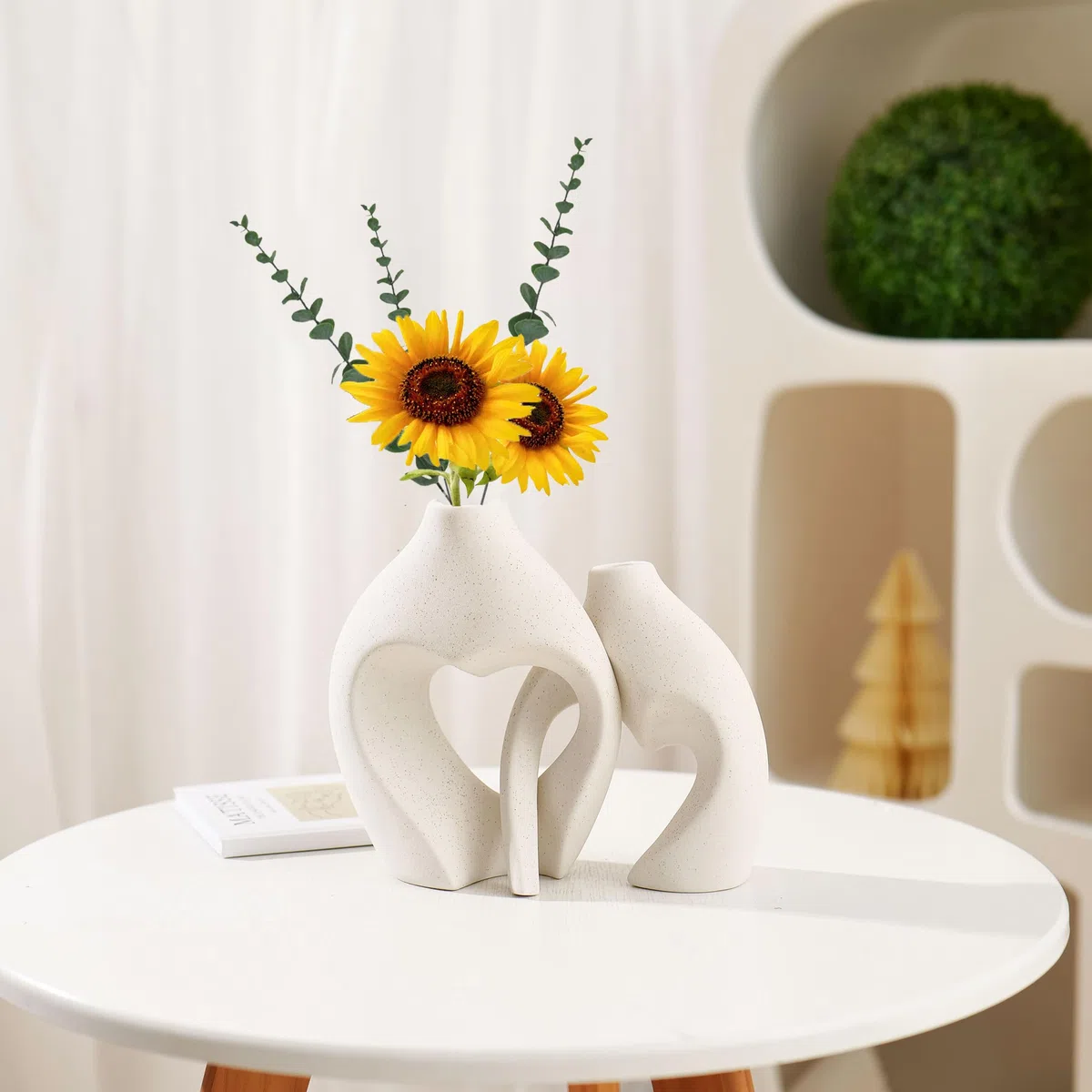 MUJUZE Set di 2 vasi moderni in ceramica beige opaco e bianco opaco, decorazione per soggiorno, camera da letto, vaso per erba della pampa, decorazione nordica moderna