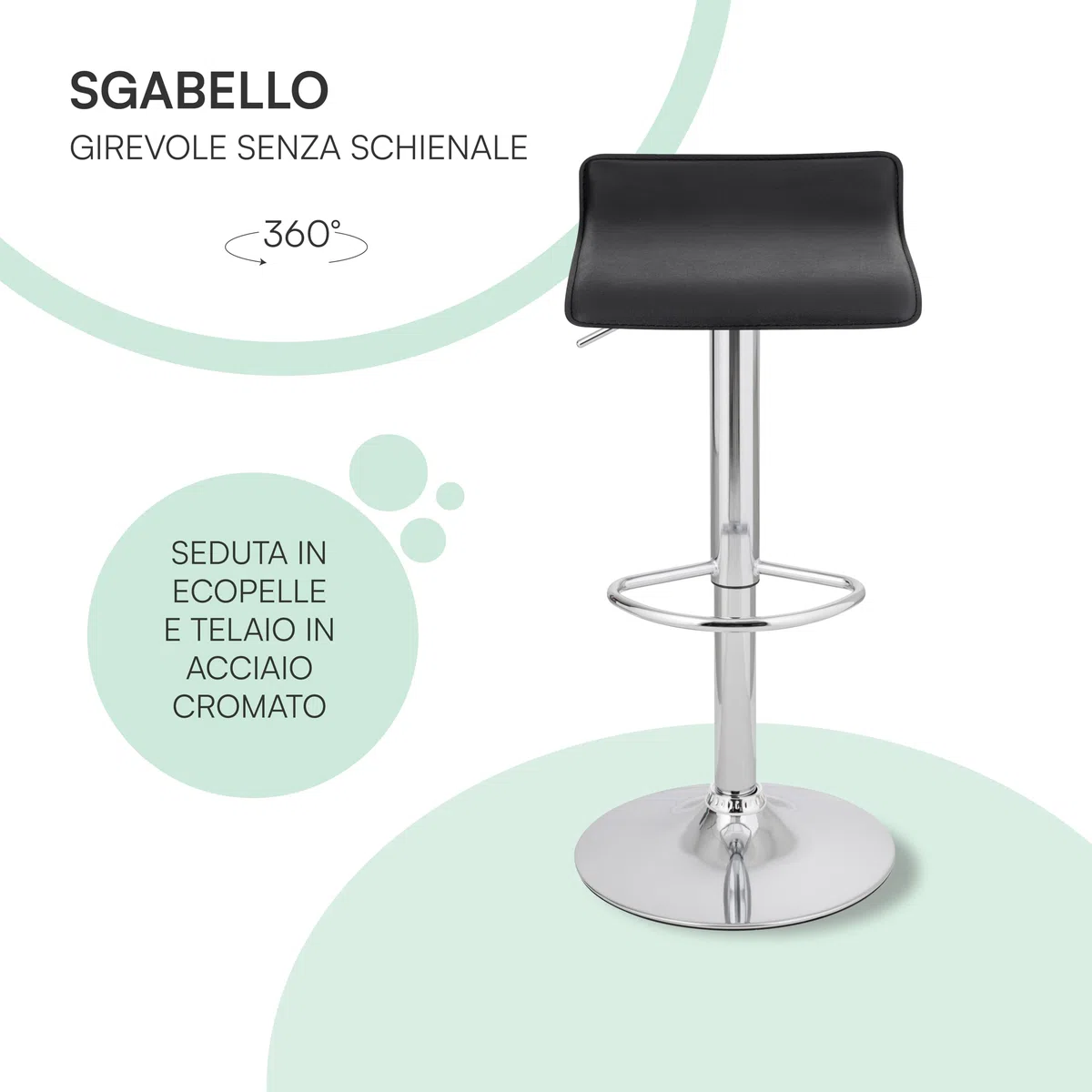 Baroni Home Sgabello Bar Girevole con Altezza Regolabile, Base Cromata con Poggiapiedi e Fondo Antigraffio, Sgabello Cucina, Ristorante, Penisola, Facile da Montare, 38x45x59-79 cm Nero, 1 Pezzo