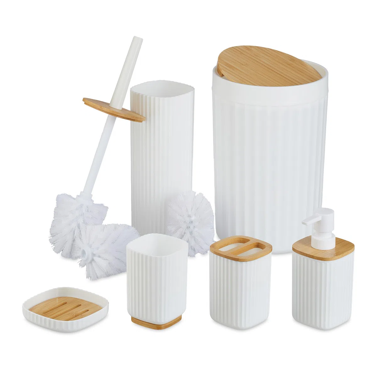 Relaxdays Set Bagno 6 Accessori, Cestino, Scopino WC, Portasapone, Saponetta, Portaspazzolino, Plastica e bambù, Bianco