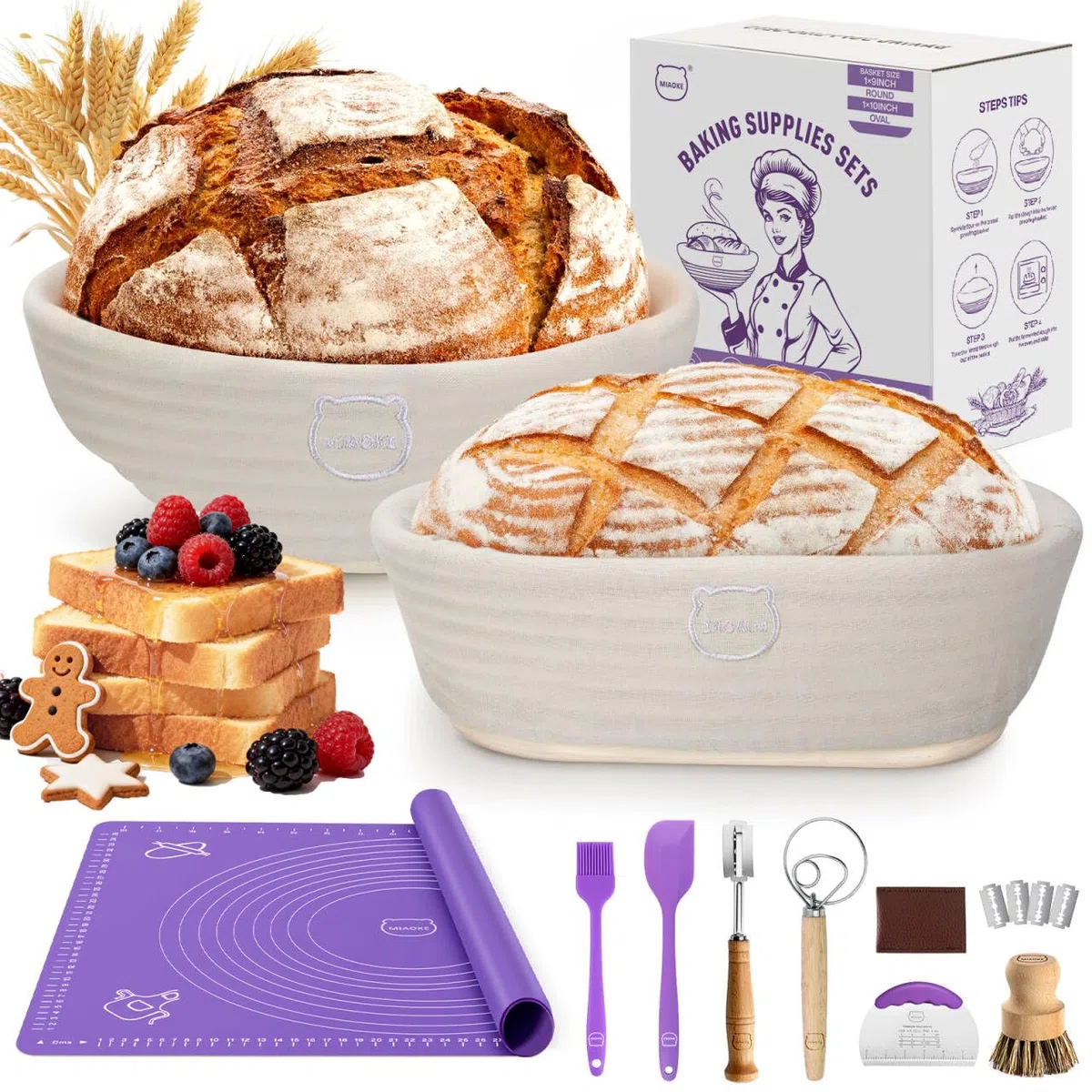 Kit di Forniture per la Cottura del Pane con Pasta Madre: Frusta per Impasto, Lama per Pane, Cestini per la Lievitazione Rotondi da 10 Pollici E 9 Ovali, Raschietti Impasto, Pennello Forno