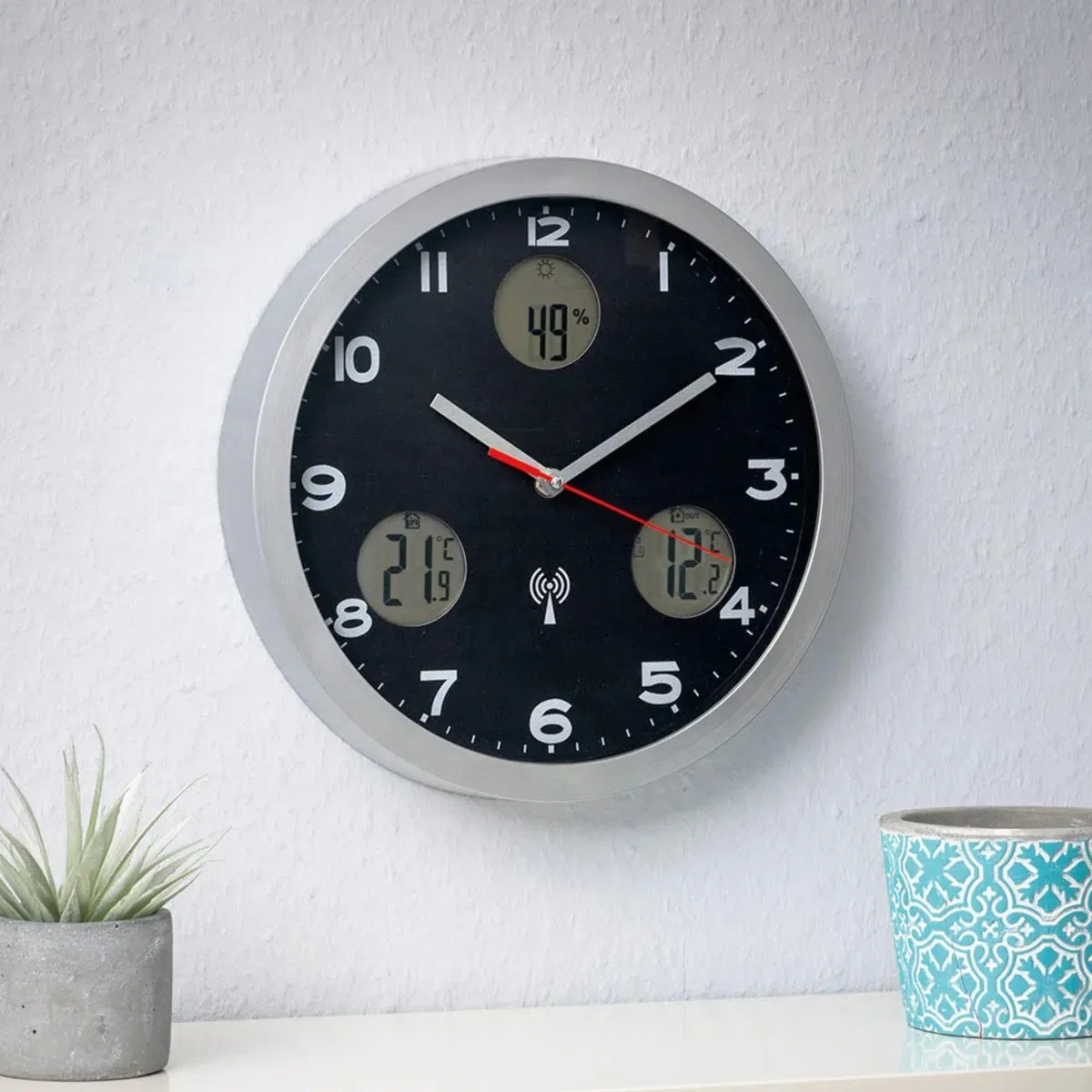 Orologio da Parete Stazione Meteorologica - Visualizzazione digitale : Previsioni + Temperature interna/esterna + Igrometro interno - Radiopilotato - Sensore termometro esterno - Ø 30 cm