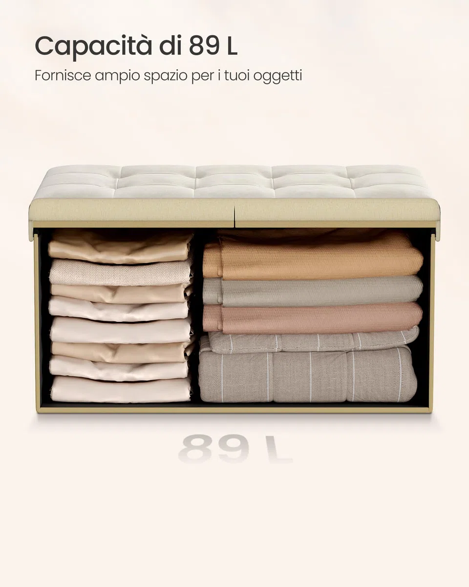 SONGMICS Pouf Pieghevole, Cassapanca, 38 x 76 x 38 cm, Coperchio Ribaltabile, Capacitàdi Carico Statico 300 kg, per Corridoio, Soggiorno, Camera da Letto, Velluto, Beige Cappuccino LSF048LH01