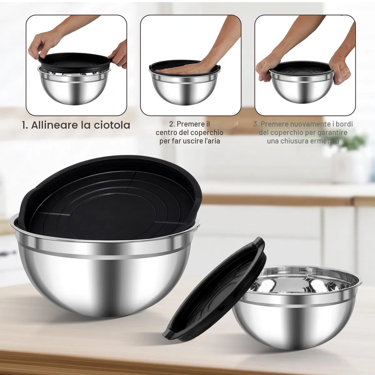 Zanfqvo Ciotole Miscelatori in Acciaio Inox, Set di 5 Insalatiera con Coperchio Ermetico, 0.7L/ 1.1L/ 1.5L/ 2.7L/ 4.5L, Ciotola Impilabili in Metallo, Lavabili in Lavastoviglie, insalatiere mescolare