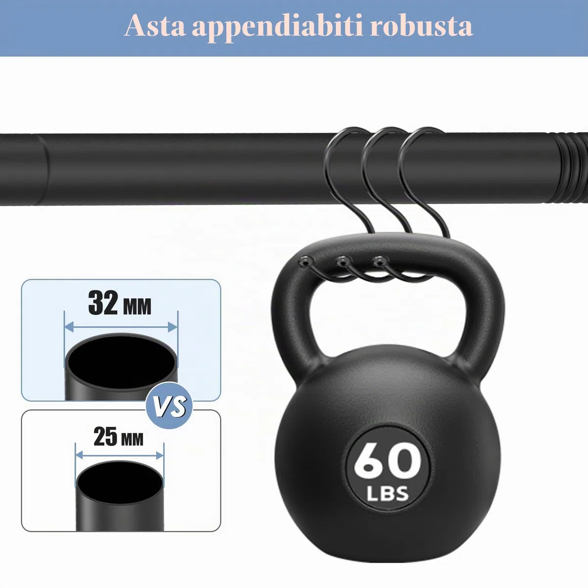 Bastone appendiabiti estensibile nero, 74-130 cm, appendiabiti robusto con punte, diametro 33 mm, adatto per armadi, balconi, bagni.